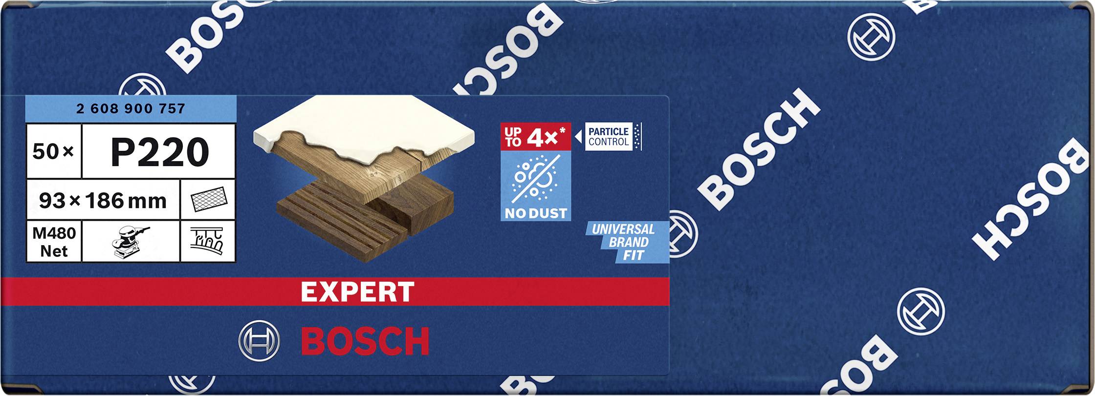 Packaging for Bosch Sandpaper. 'P220', Dimensions 93x186mm, 50 Sheets. 'No Dust' Technology, Suitable for Wooden Surfaces.