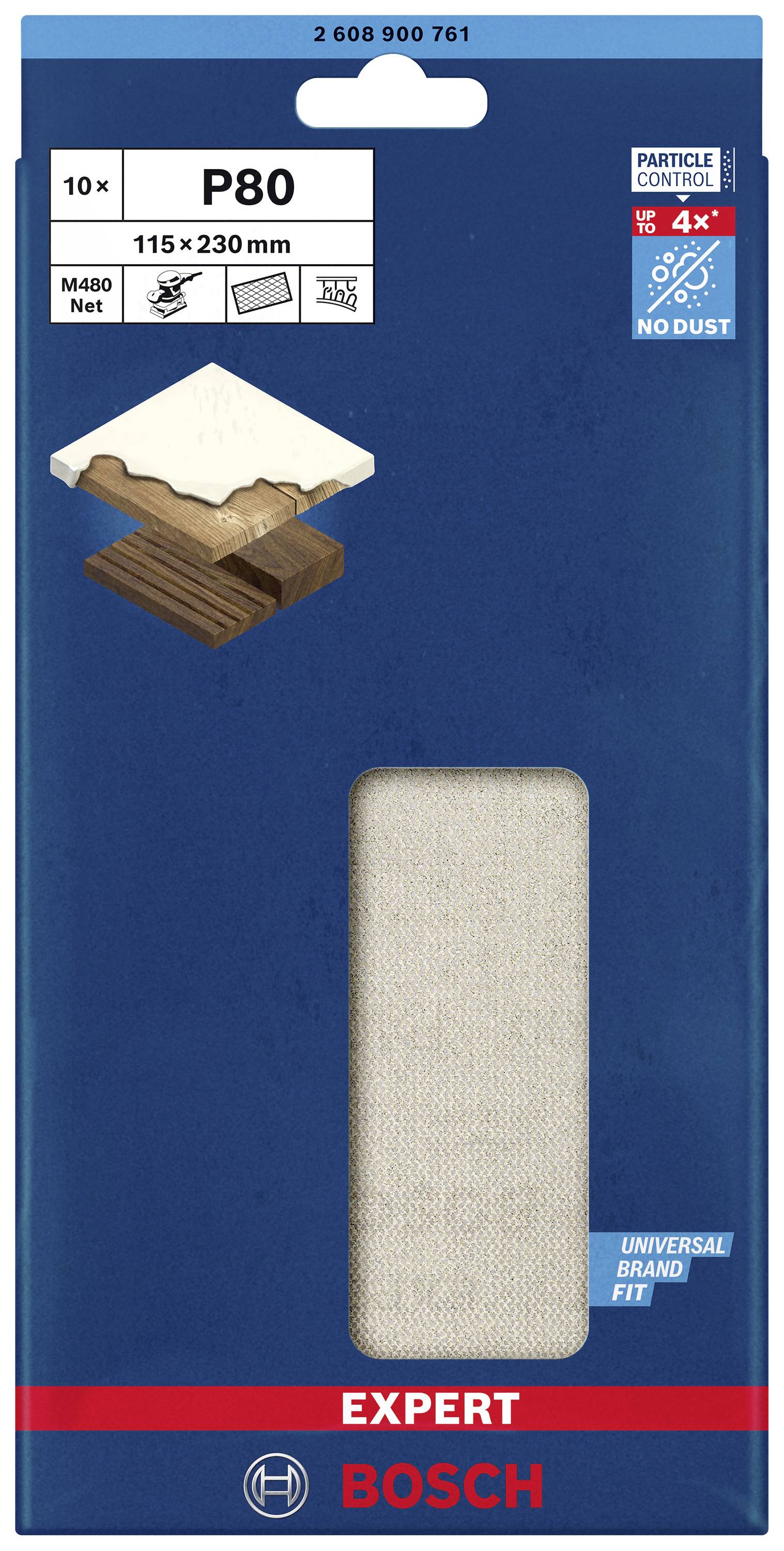 Pack of Bosch Sanding Mesh P80, 115 x 230 mm, for Wood. Contains 10 pieces. Highlighted features include dust control, universal brand compatibility, and reduced dust generation.