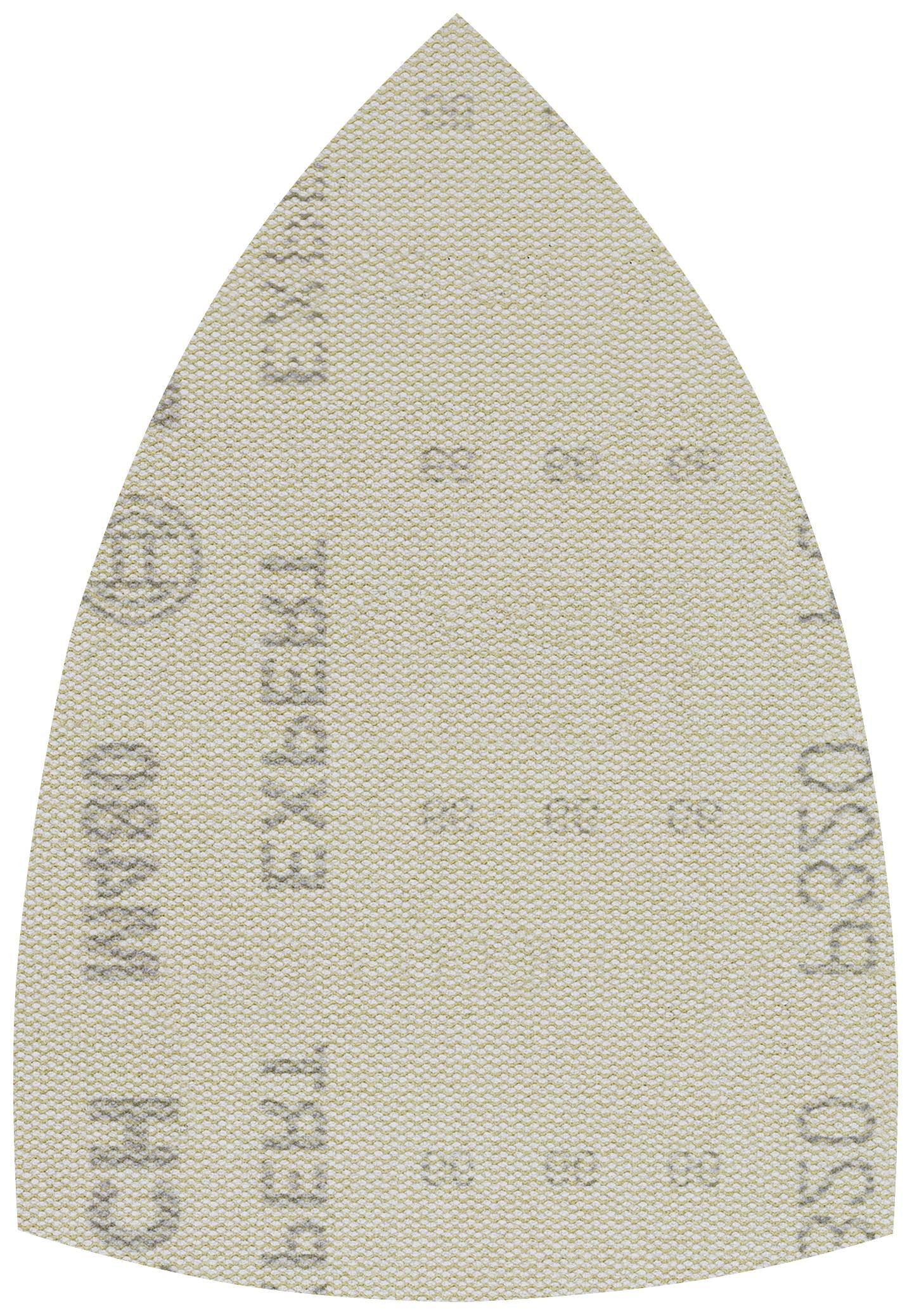 Sandpaper in the shape of an iron, grey-beige in colour, with printed abbreviations and numbers.