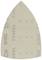 Sandpaper in the shape of an iron, grey-beige in colour, with printed abbreviations and numbers.