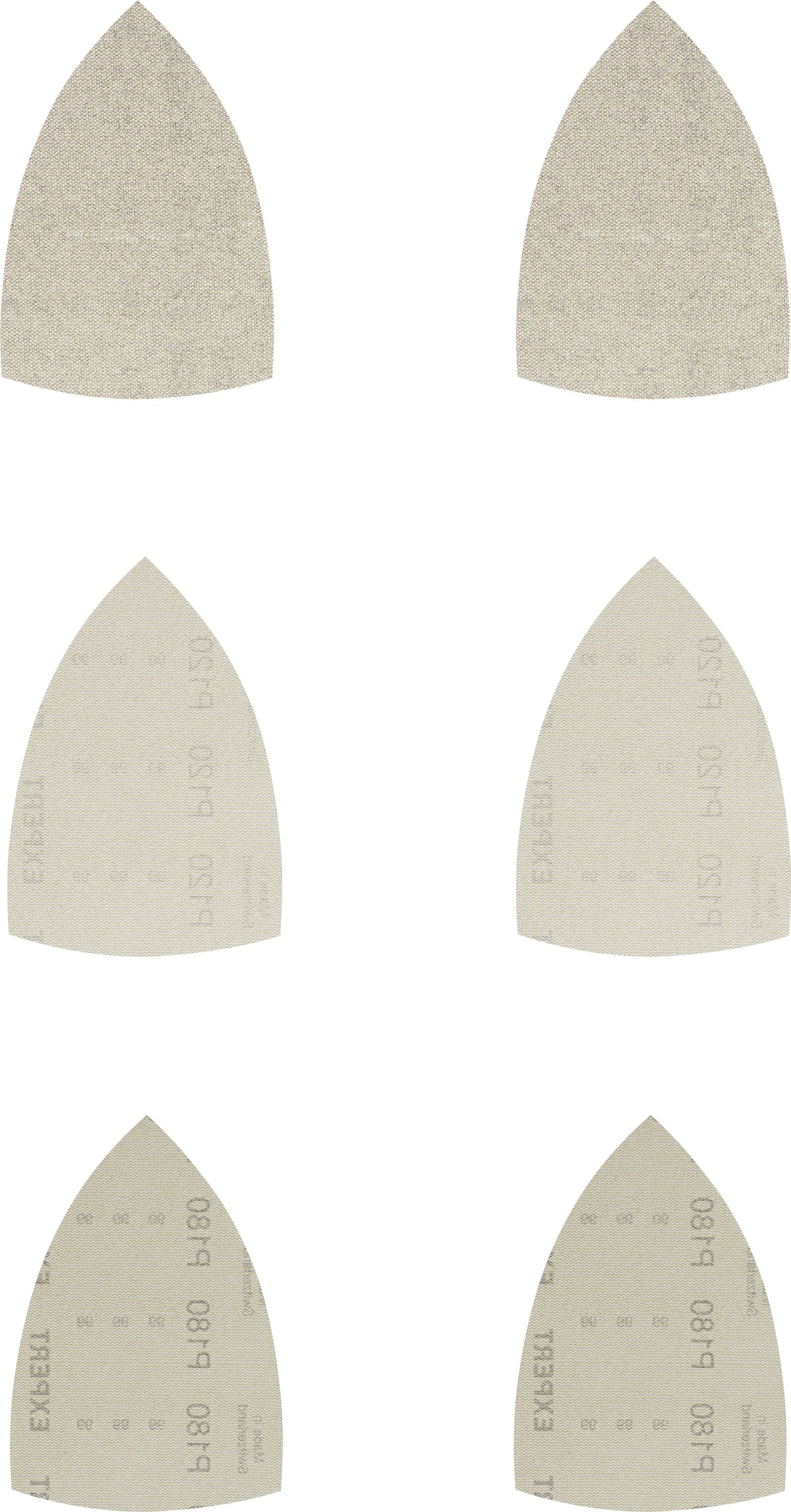The figure shows six different sandpaper sheets arranged in two rows. Each sheet has a teardrop-shaped tip and a sand-coloured surface.