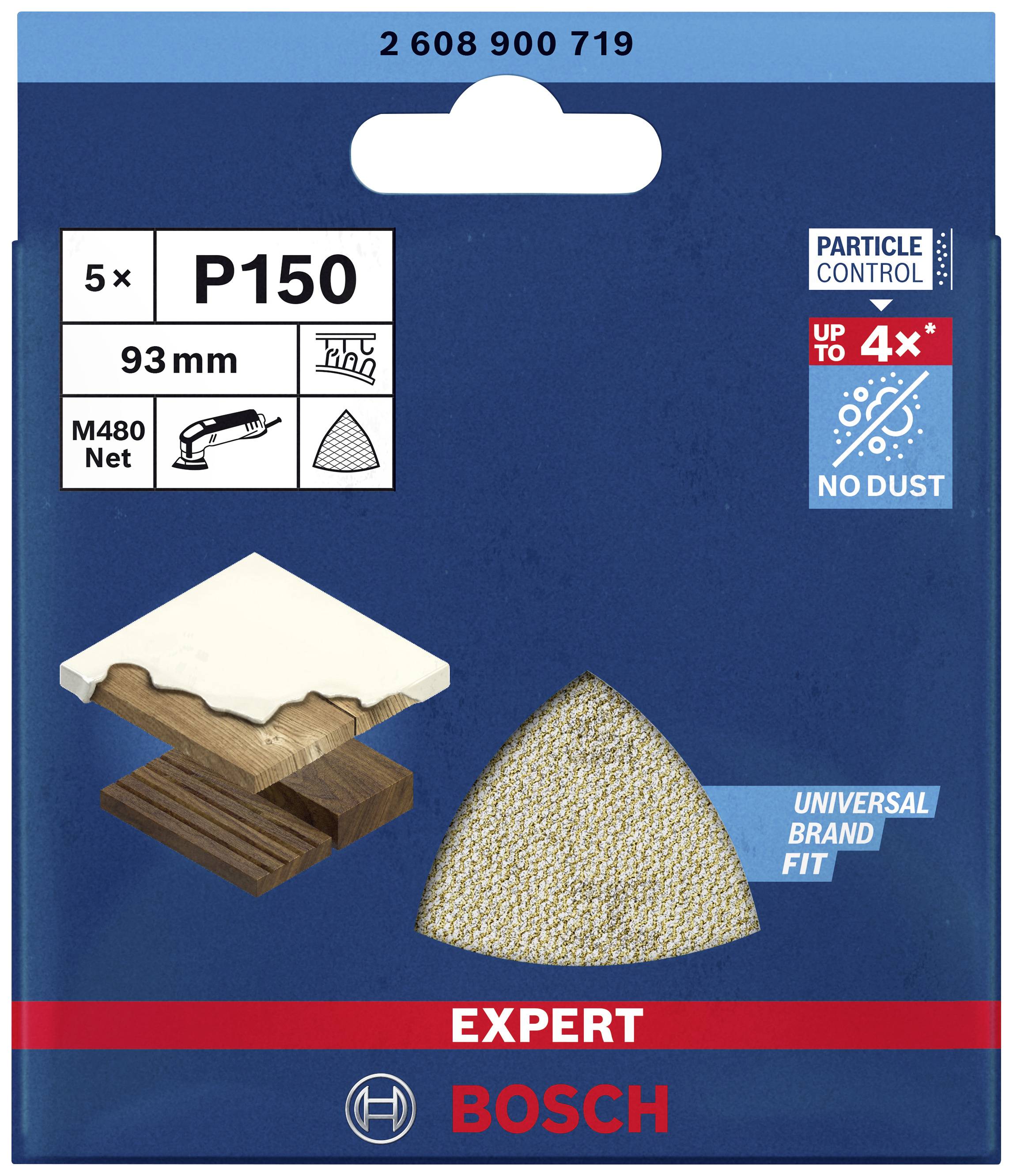 Bosch Sandpaper Pack, 5 Pieces, P150, 93 mm Diameter, Suitable for Wood and Lacquer Work, Dust-Free, Expert Series.