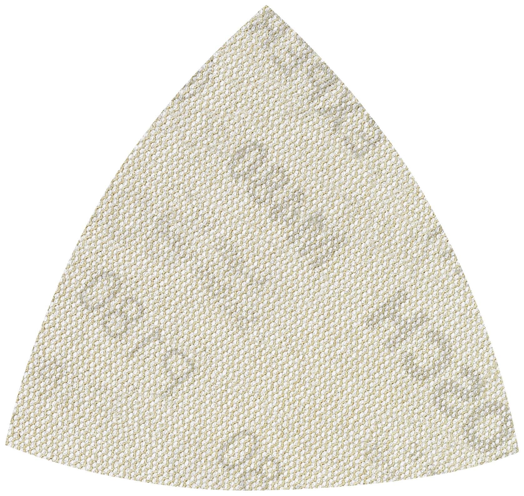 A triangular sanding pad with a granular structure, in a beige colour, used for surface treatment.