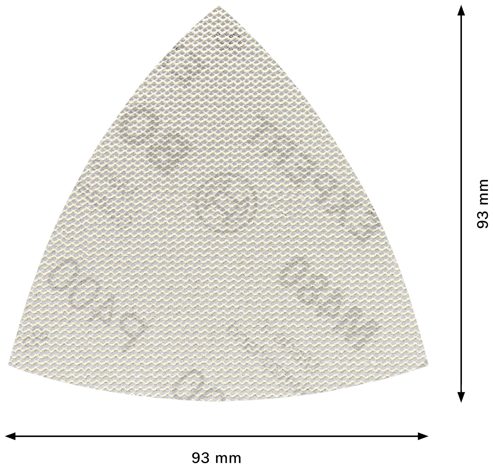 A triangular sandpaper with an edge length of 93 mm. It has a sand-like, rough surface for sanding purposes.