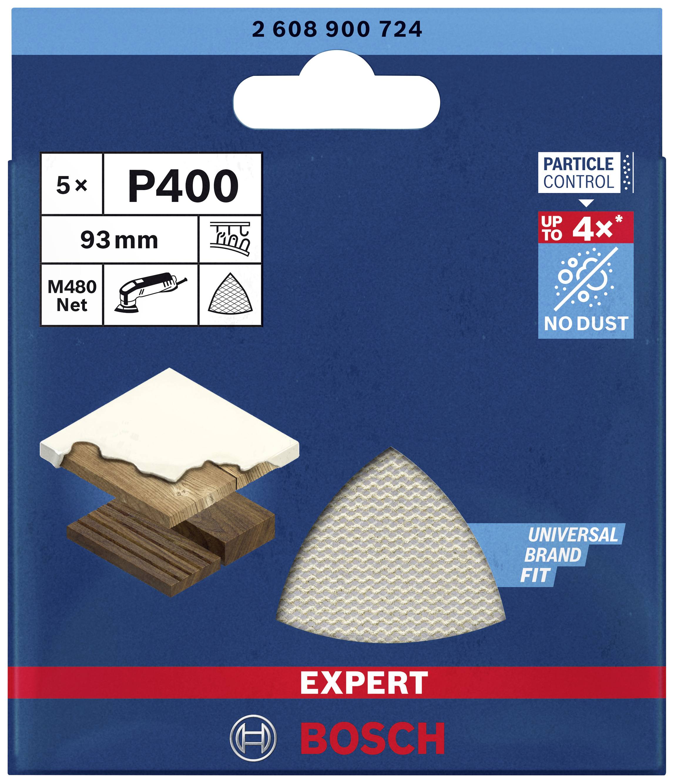 'Bosch Sanding Mesh P400, 93mm, Pack of 5, Universal Fit. Ideal for Wood and Paint. Dust-Free, Up to 4x Longer Lifespan.'