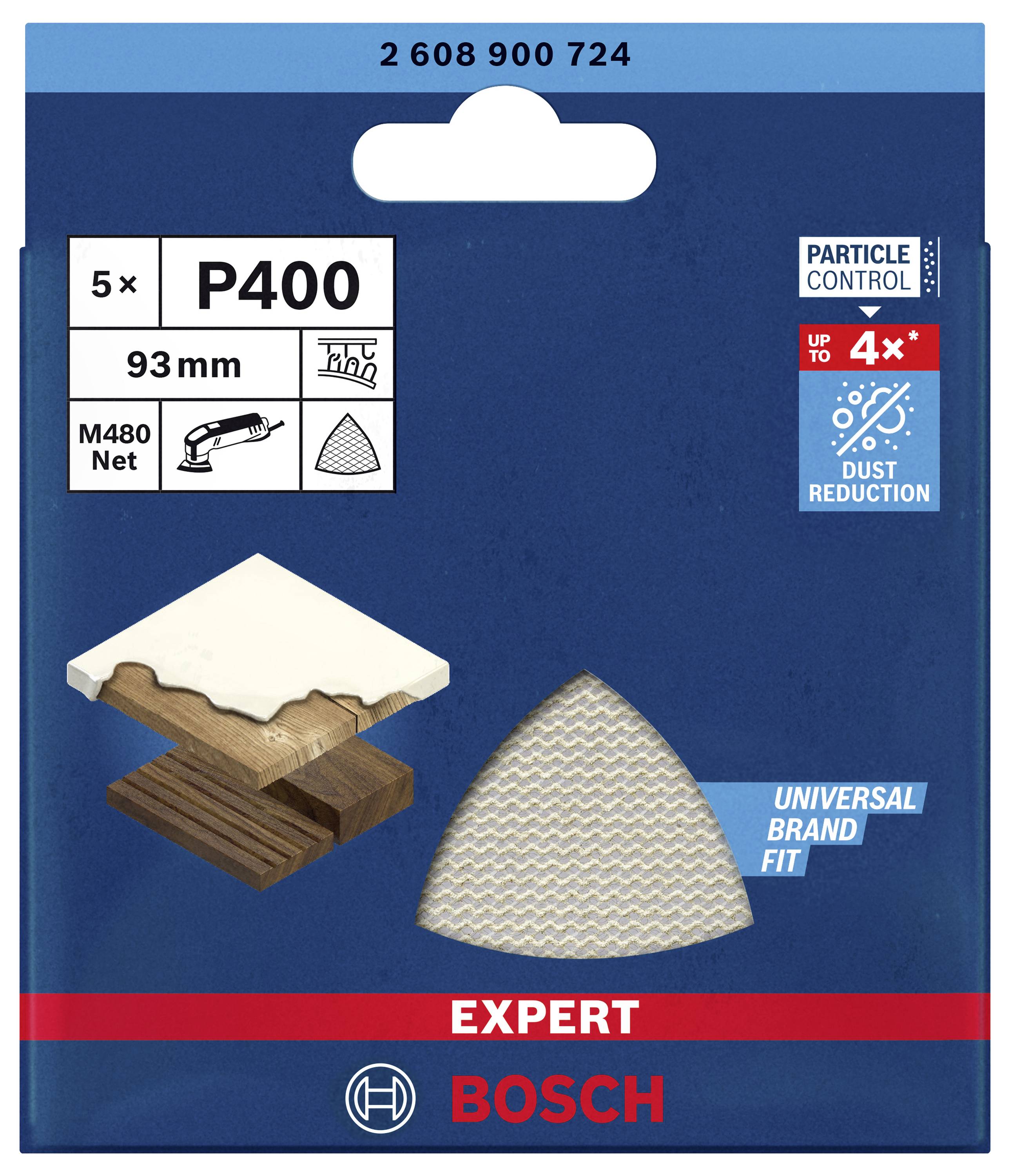 Bosch Sandpaper Packaging: 5 pieces, Grit P400, 93 mm, suitable for various devices. Highlight 'Dust reduction up to 4x'.