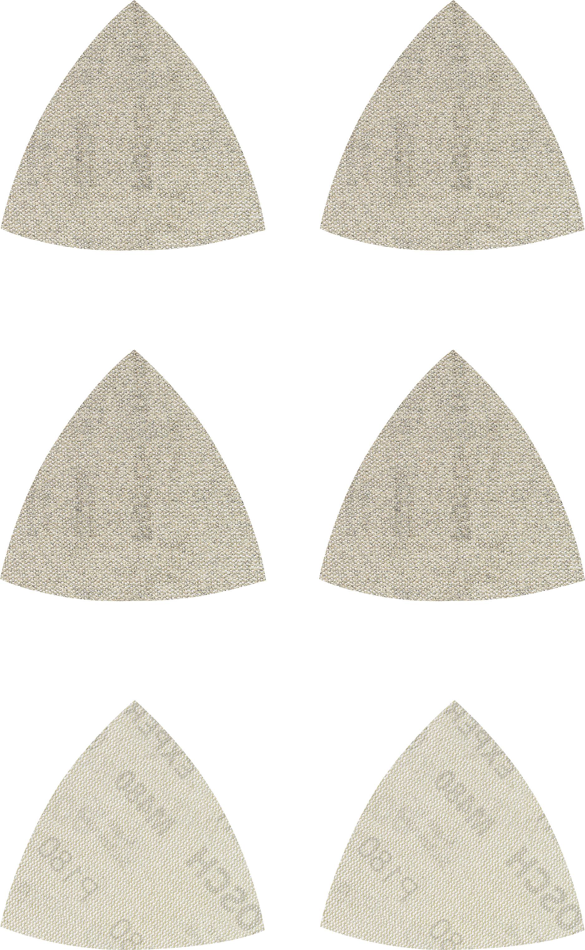 Six triangular sandpaper sheets in two rows. Surface texture visible. Two sheets have the inscription 'P80 BOSCH'.