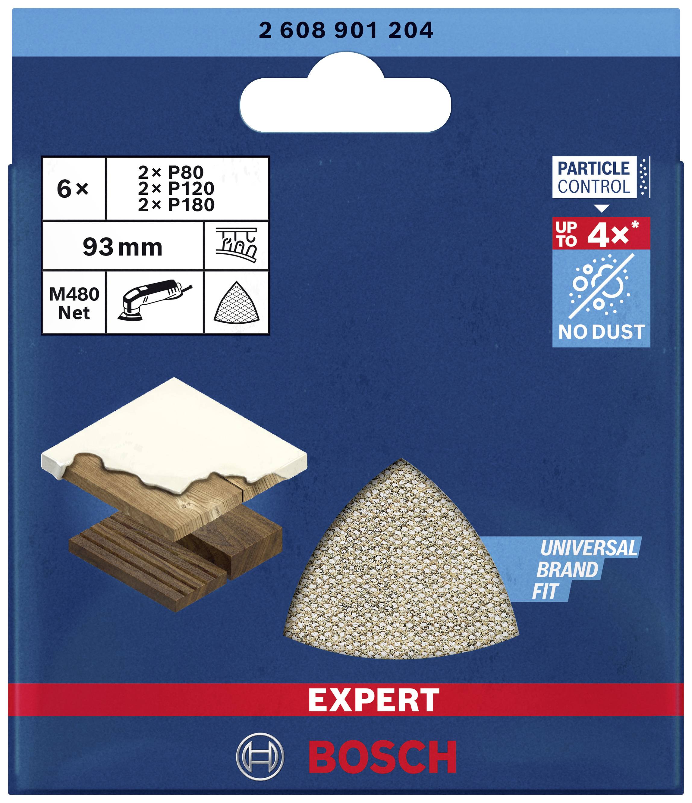 Bosch Sanding Accessory Packaging, 6 triangular sheets, 2 each of P80, P120, P180. Key feature: Dust-free.