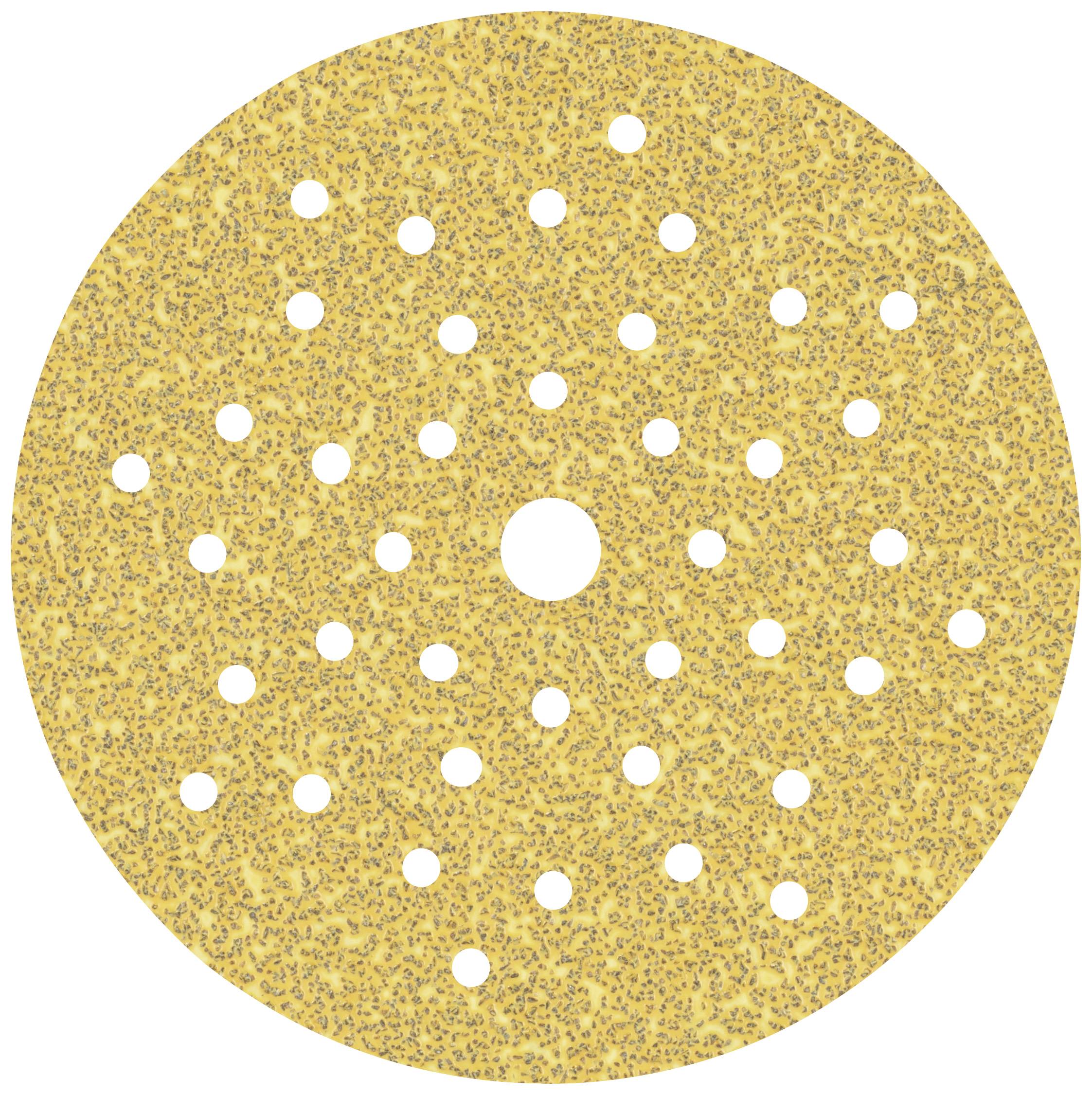 Yellow sanding disc with multiple holes arranged in a circular pattern.