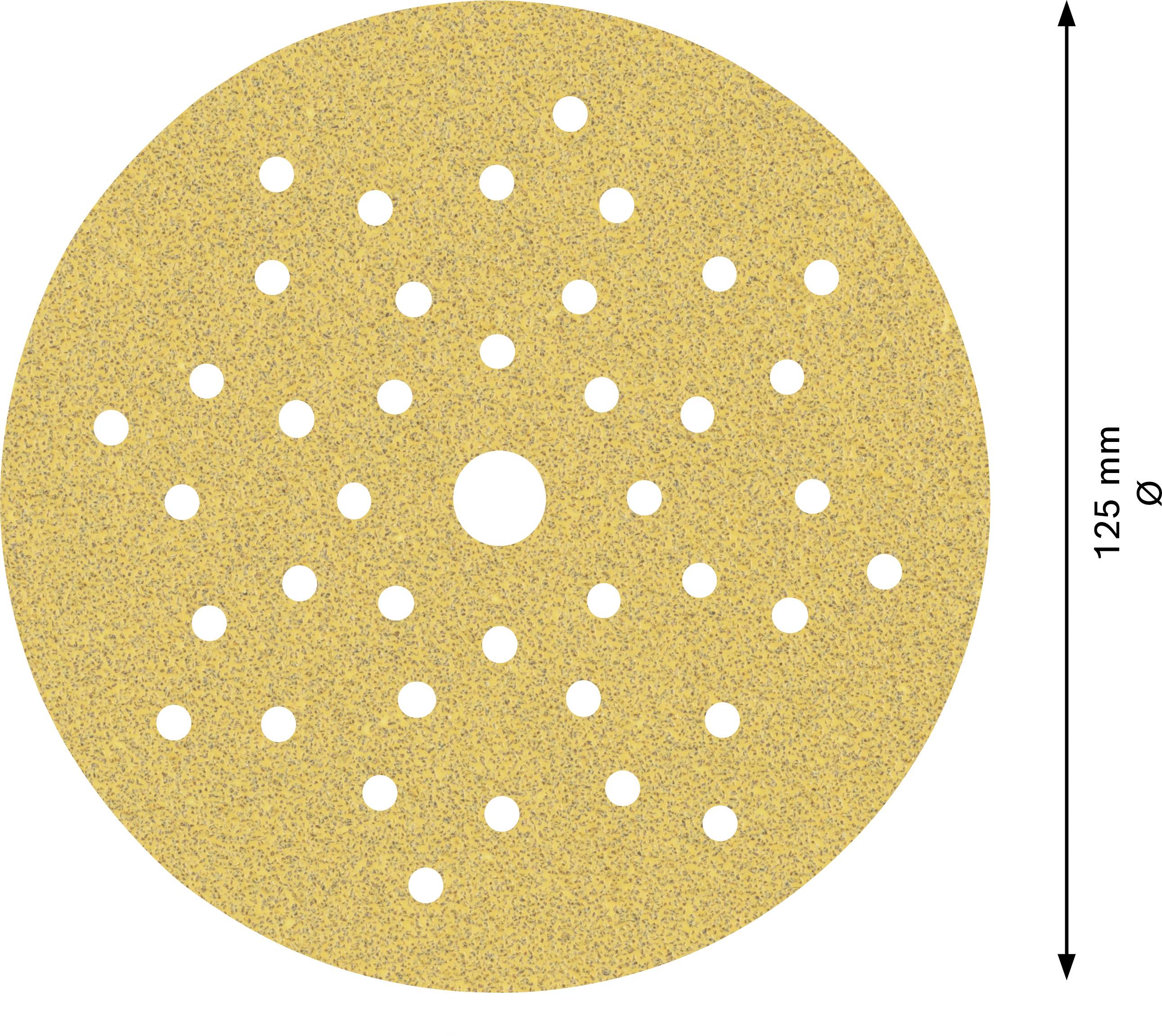 Round grinding disc with multiple holes, 125 mm diameter, on a yellow background.