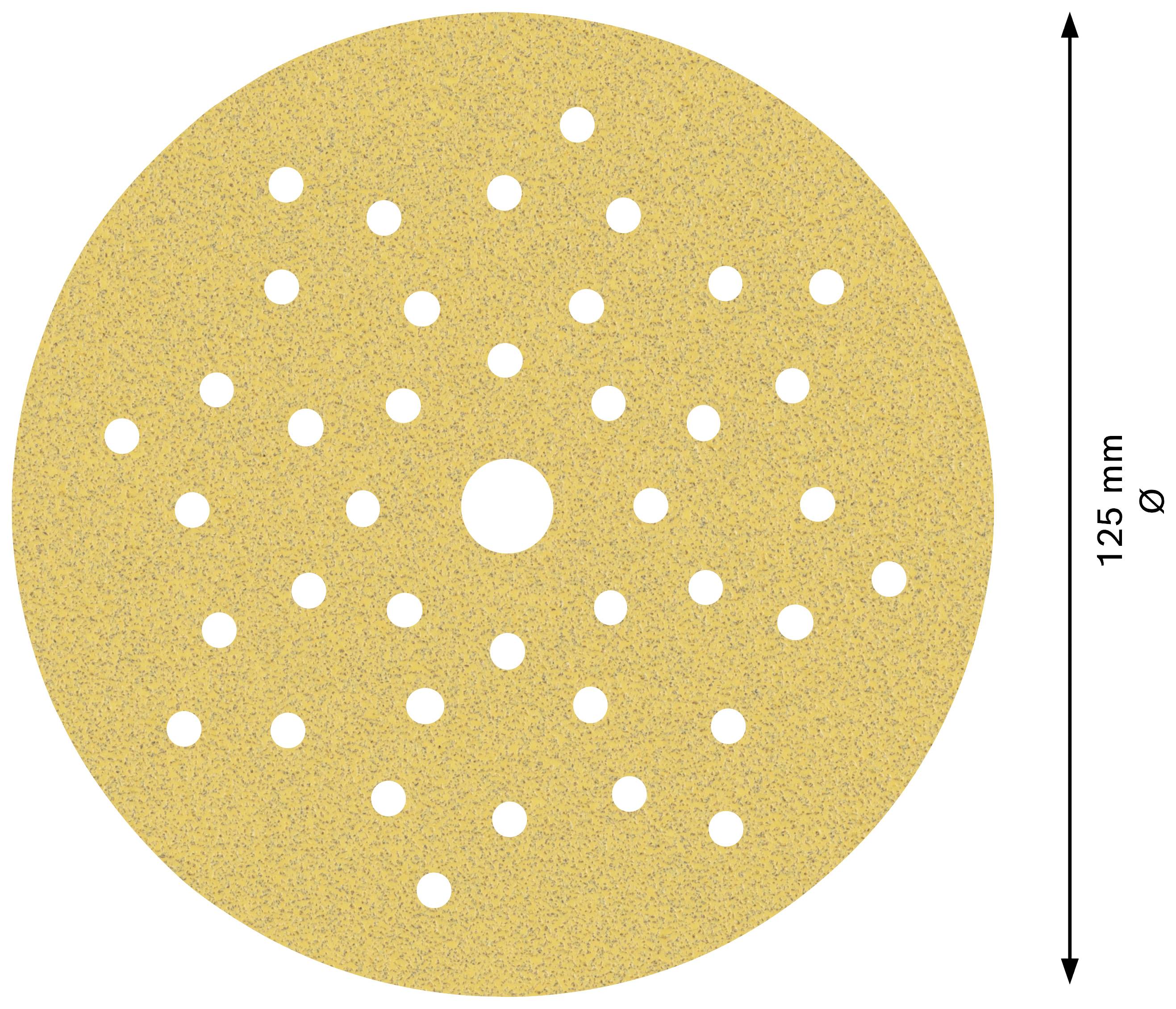 Round sanding disc with 125 mm diameter, yellow, with many small holes evenly distributed.