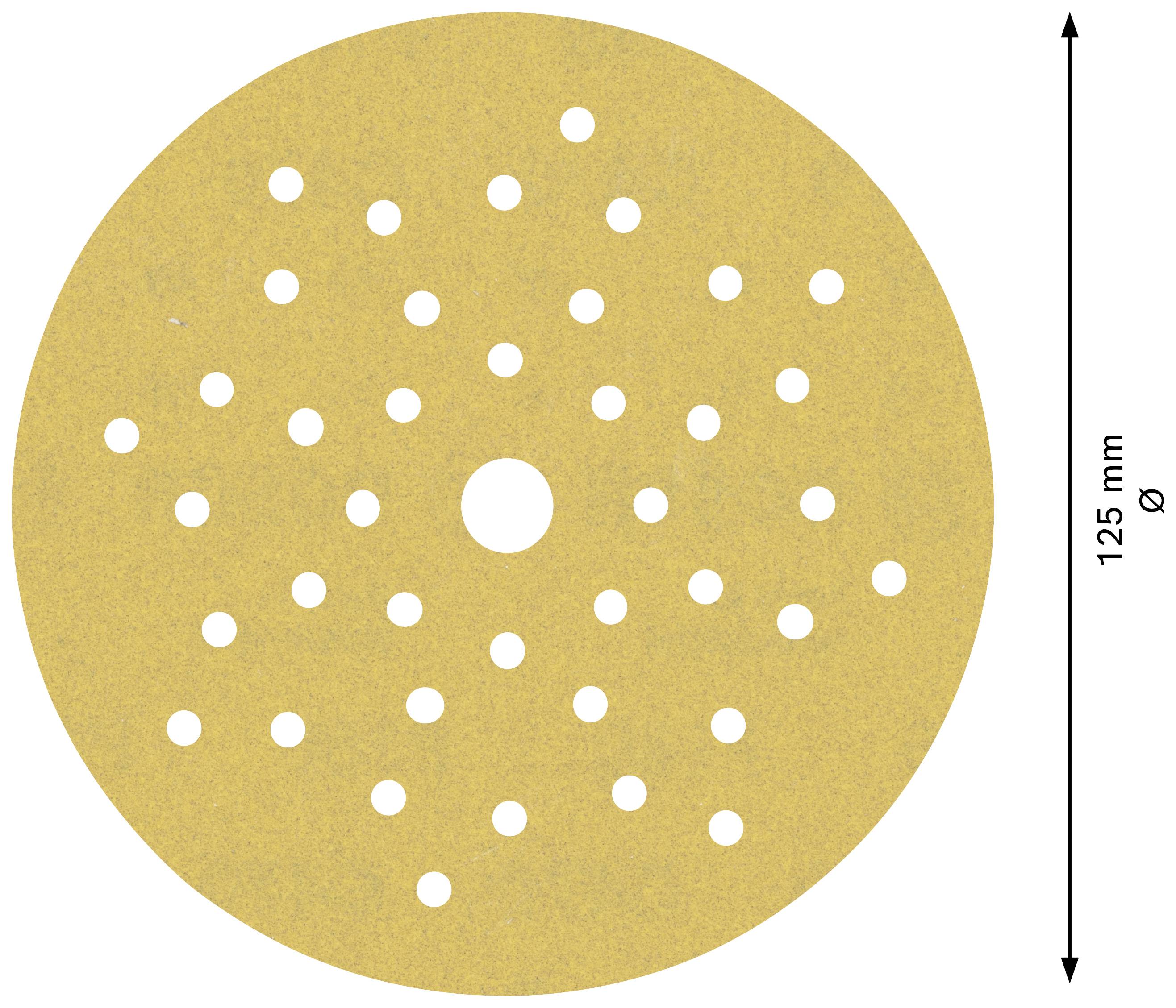 A round sanding disc with a diameter of 125 mm, featuring multiple small holes and a larger central hole.