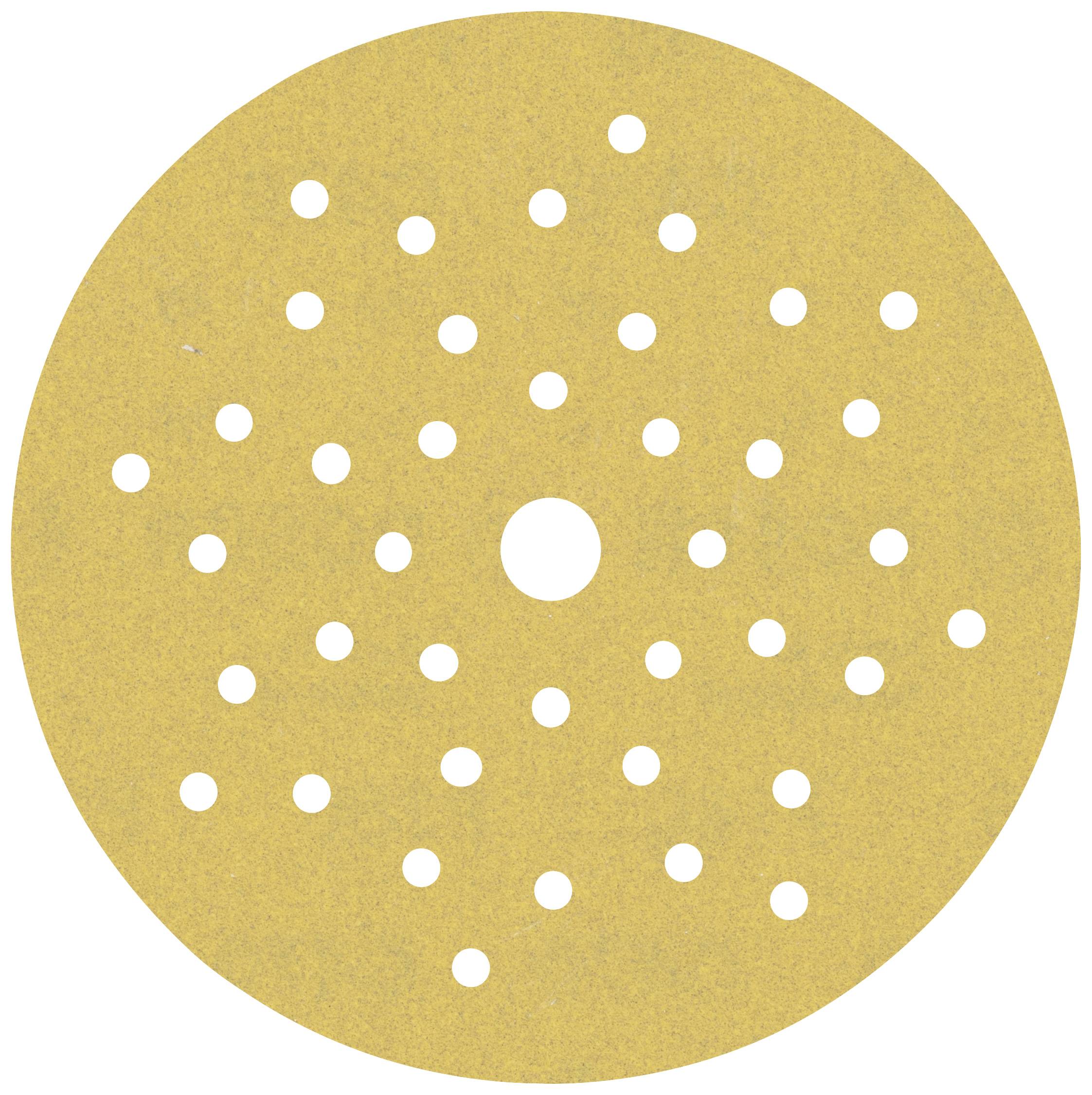 Round sandpaper with numerous small holes for uniform wear and effective dust extraction.