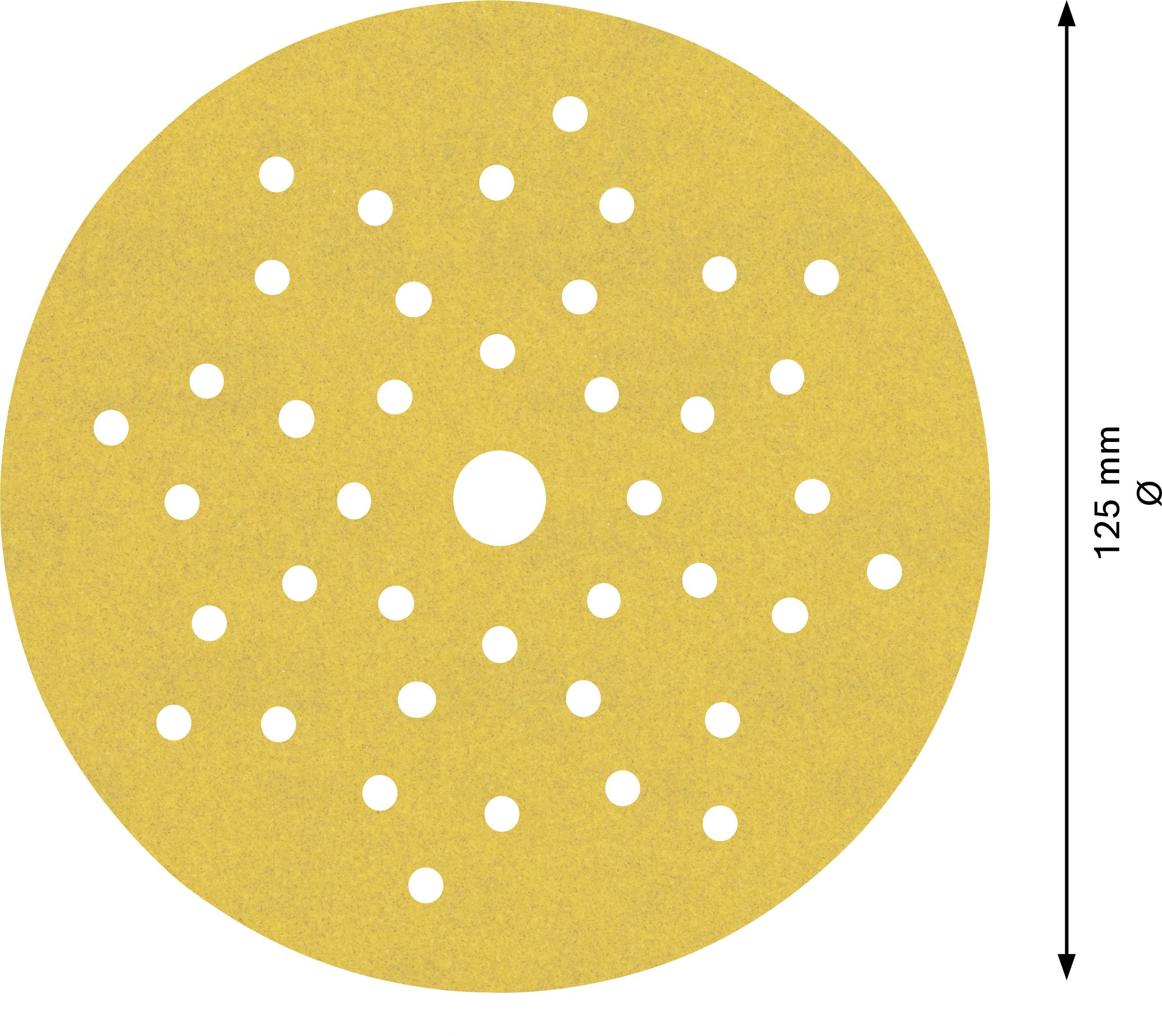 Round sanding disc with multiple holes, diameter 125 mm, gold colour.