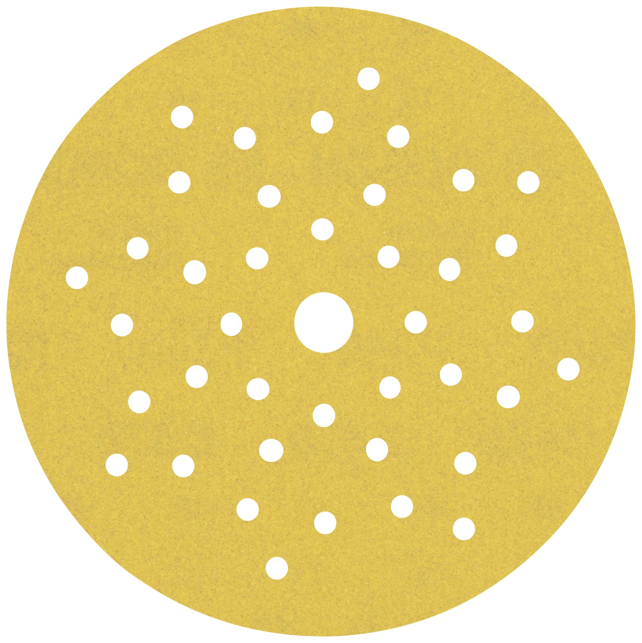 Round sanding disc made of yellow sandpaper with several small holes, used for sanding equipment.