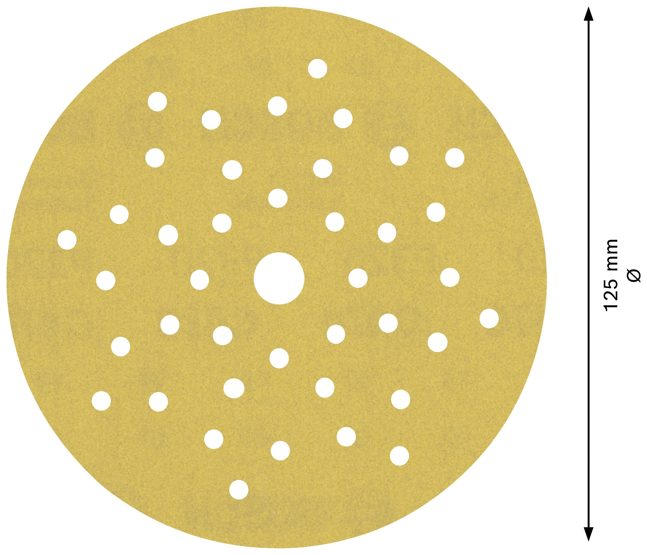 Grinding disc with hole pattern, yellow, 125 mm diameter.