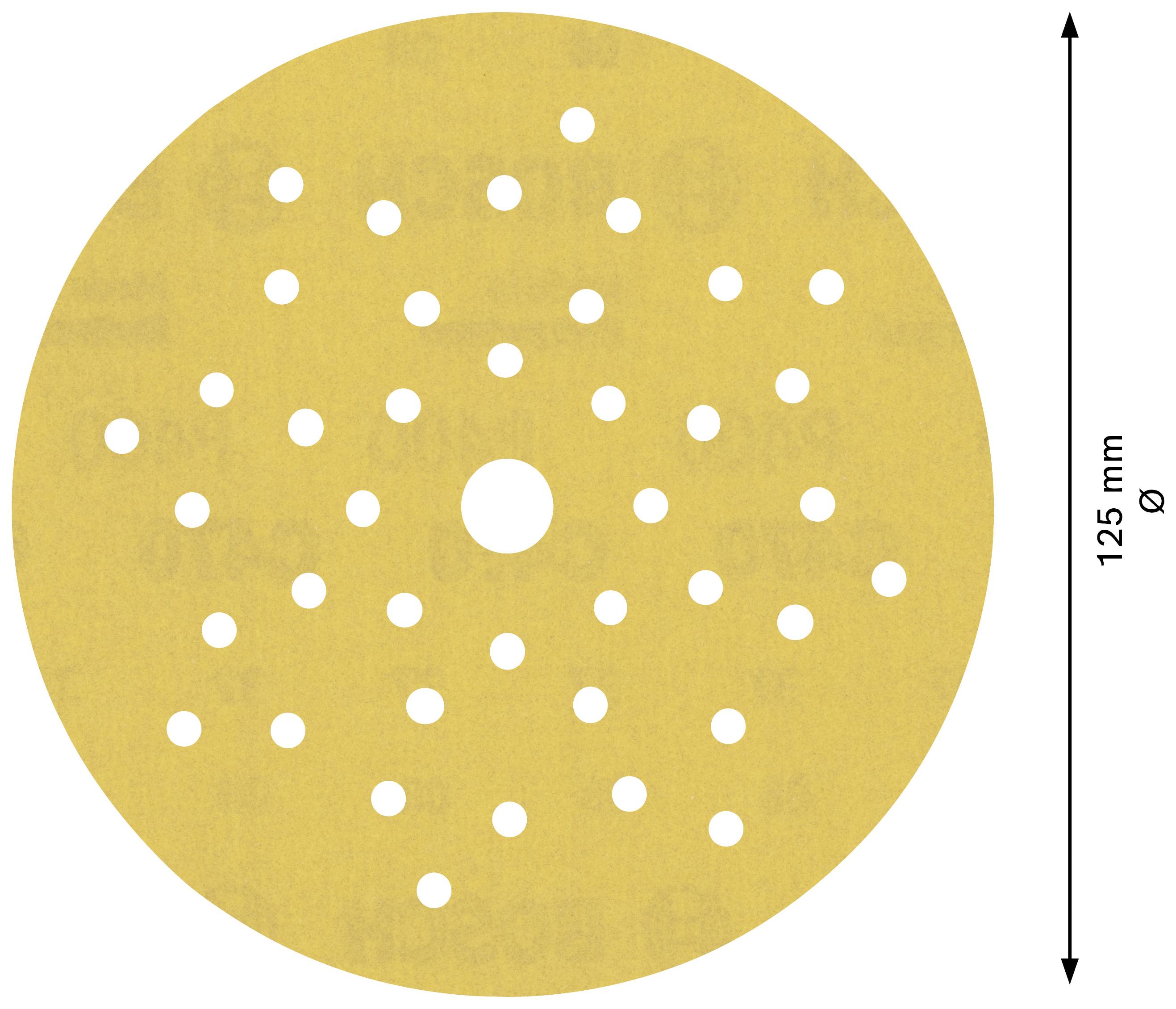 A round sanding disc with numerous small holes and a large central hole, diameter 125 mm.