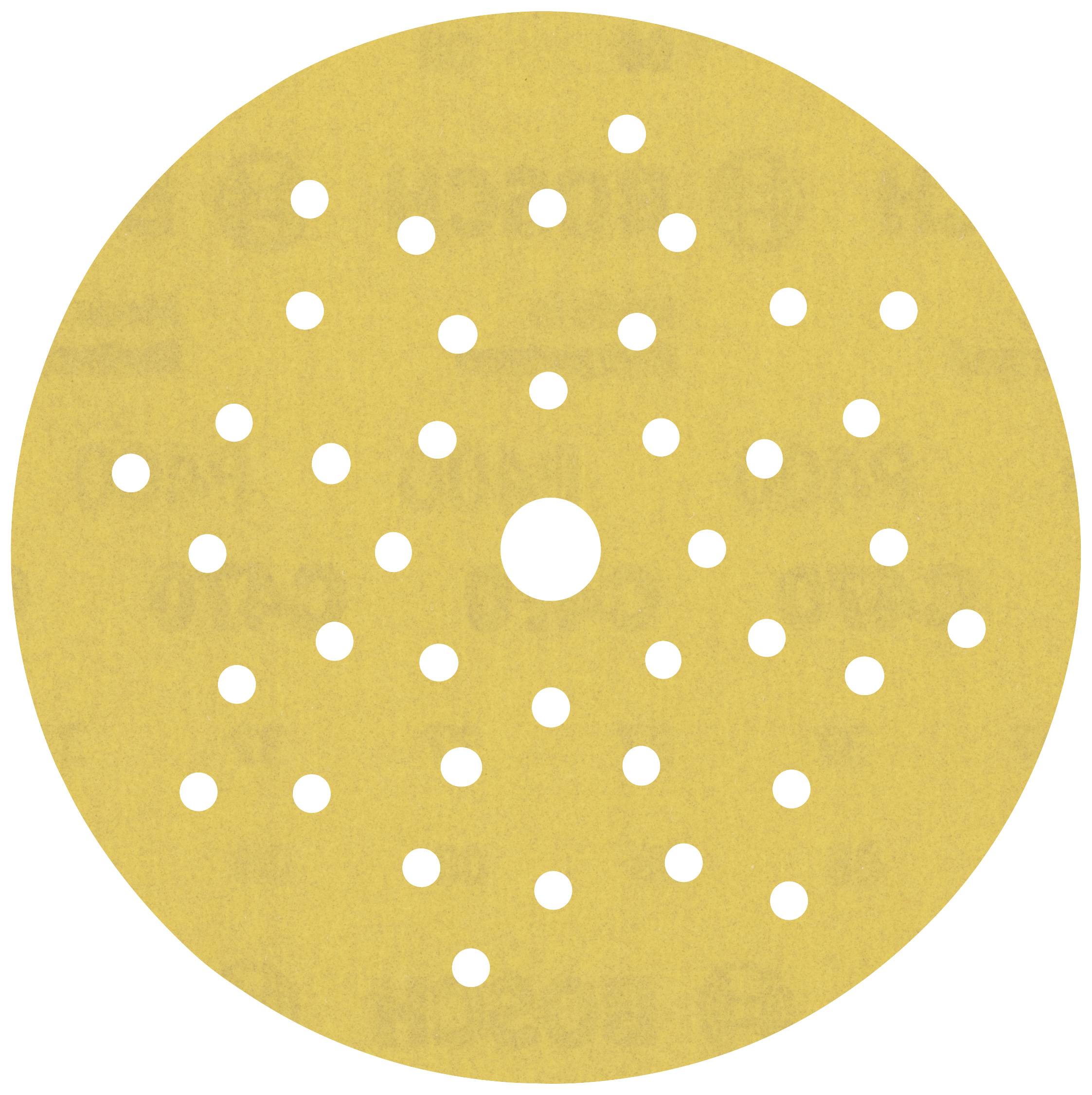 A round, yellow sandpaper sheet with numerous small holes and a larger hole in the centre.