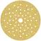 Round grinding disc with many small holes evenly distributed, central hole, sand-coloured with coarse grit.