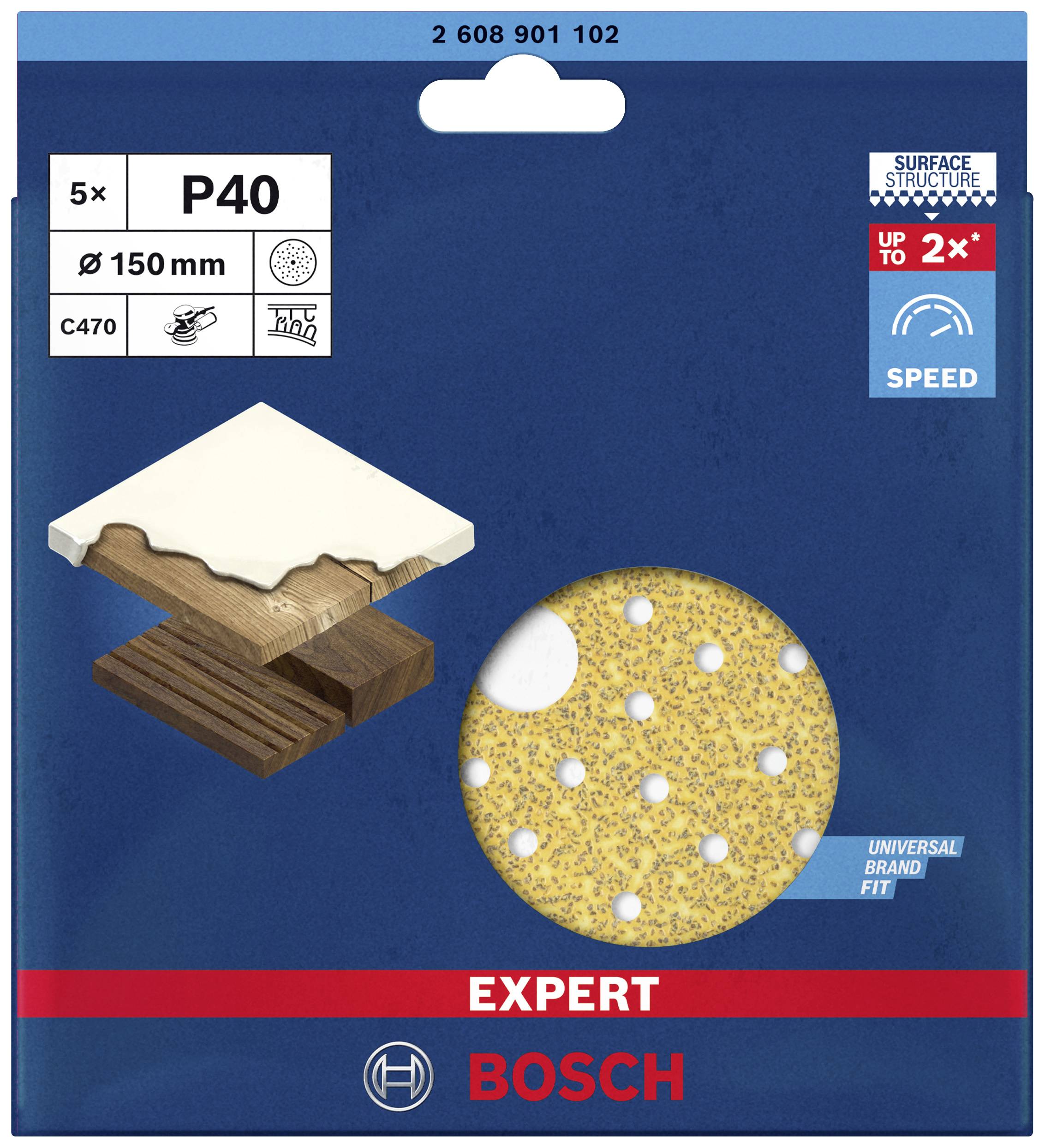 Sandpaper pack with 5 sheets, P40 grit, 150 mm diameter, suitable for wood. Bosch brand, with application and efficiency symbols.