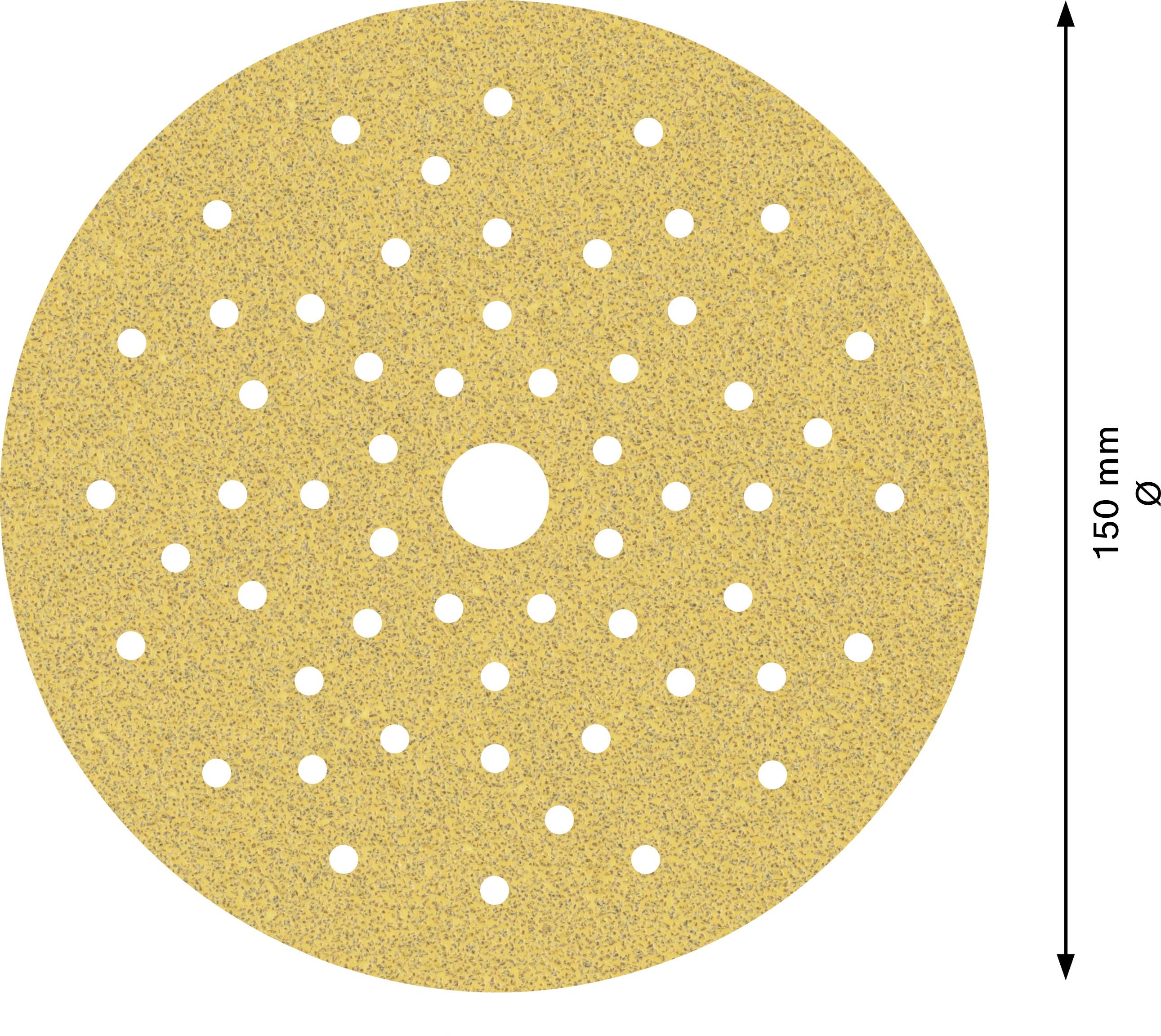 A round sanding disc with 150 mm diameter and multiple holes for dust extraction.