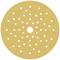 Yellow sanding disc with many evenly distributed holes.