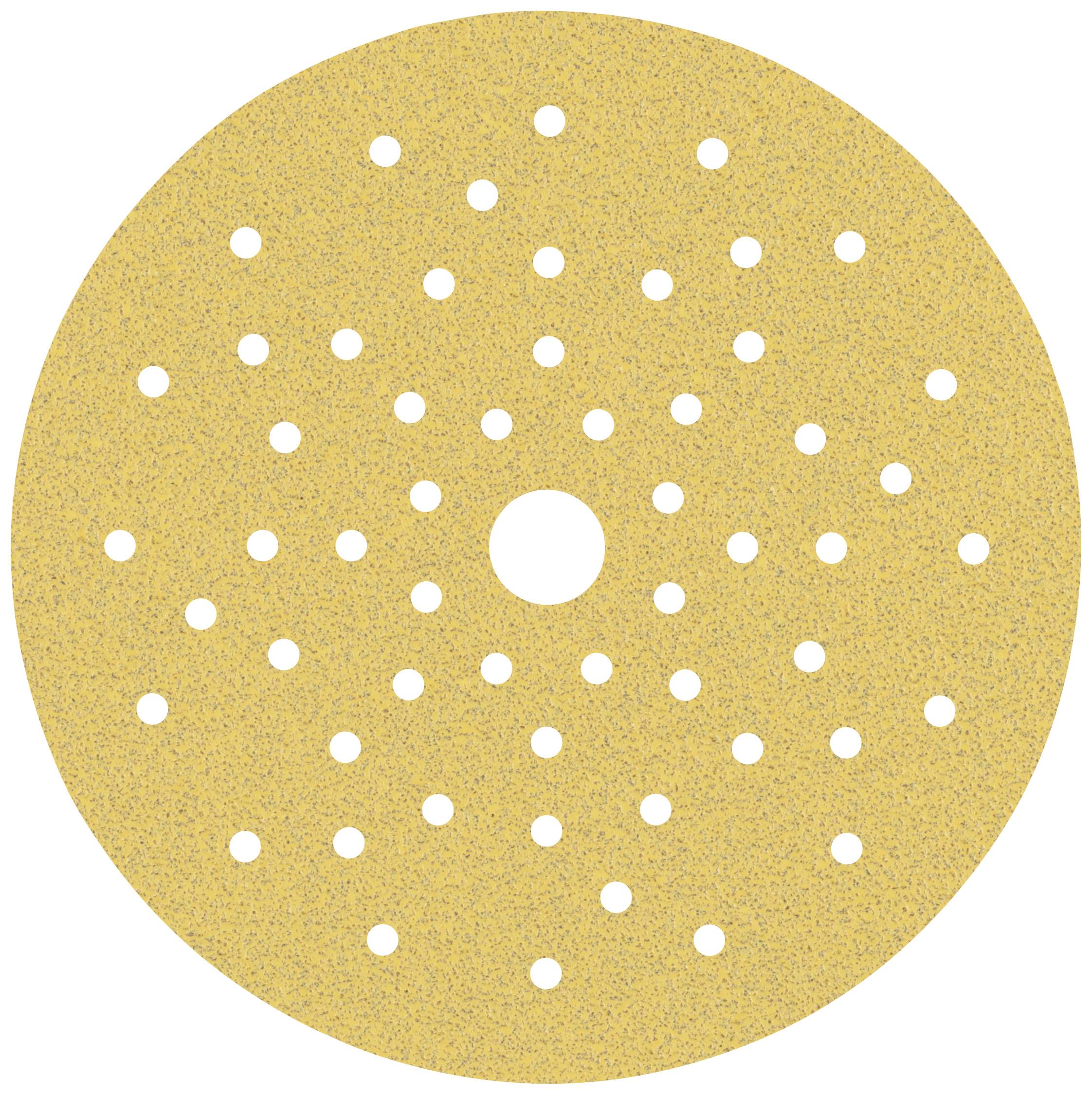 A round grinding disc with many small holes and a large central opening, used for mounting on a grinding machine.