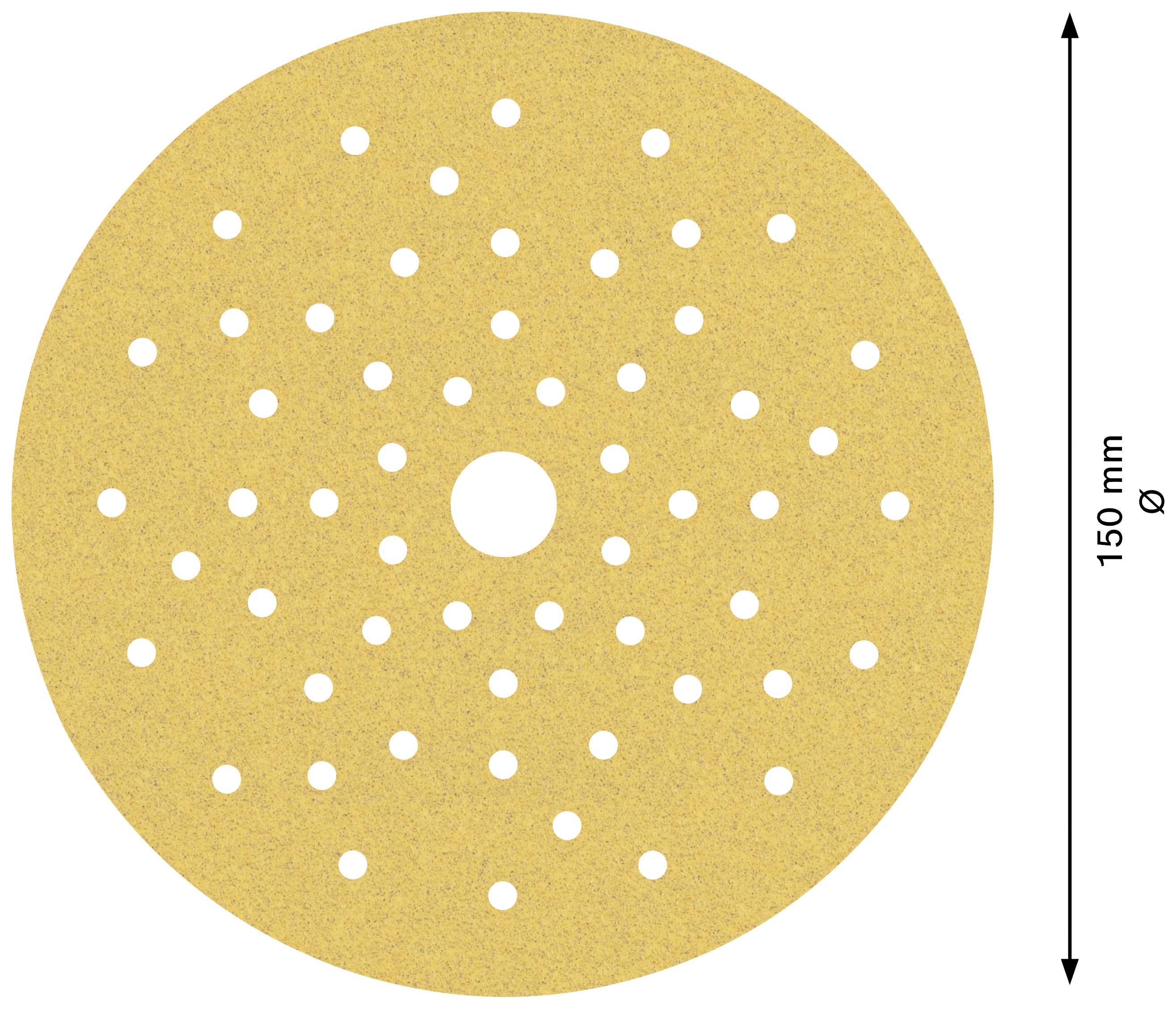 A round grinding disc with numerous small holes and a central aperture, 150 mm in diameter, in beige colour.