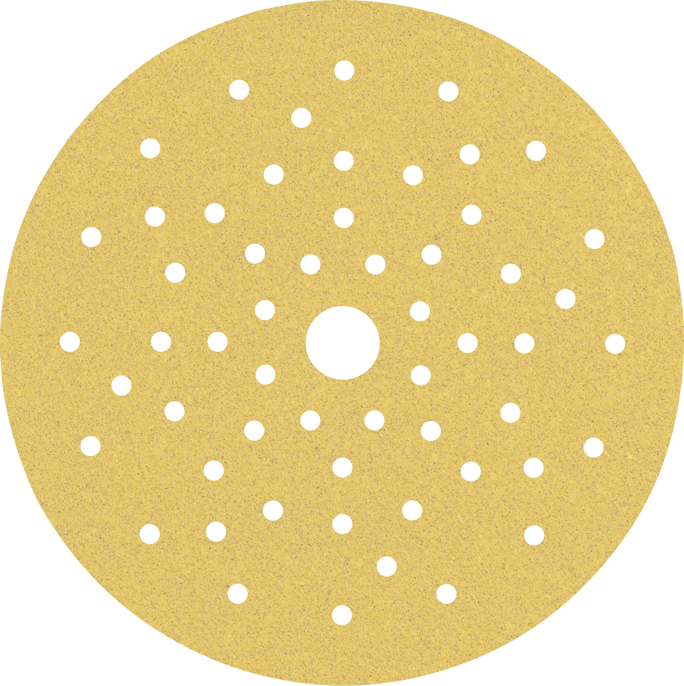 A round, golden sandpaper disc with many small holes and a larger central hole.
