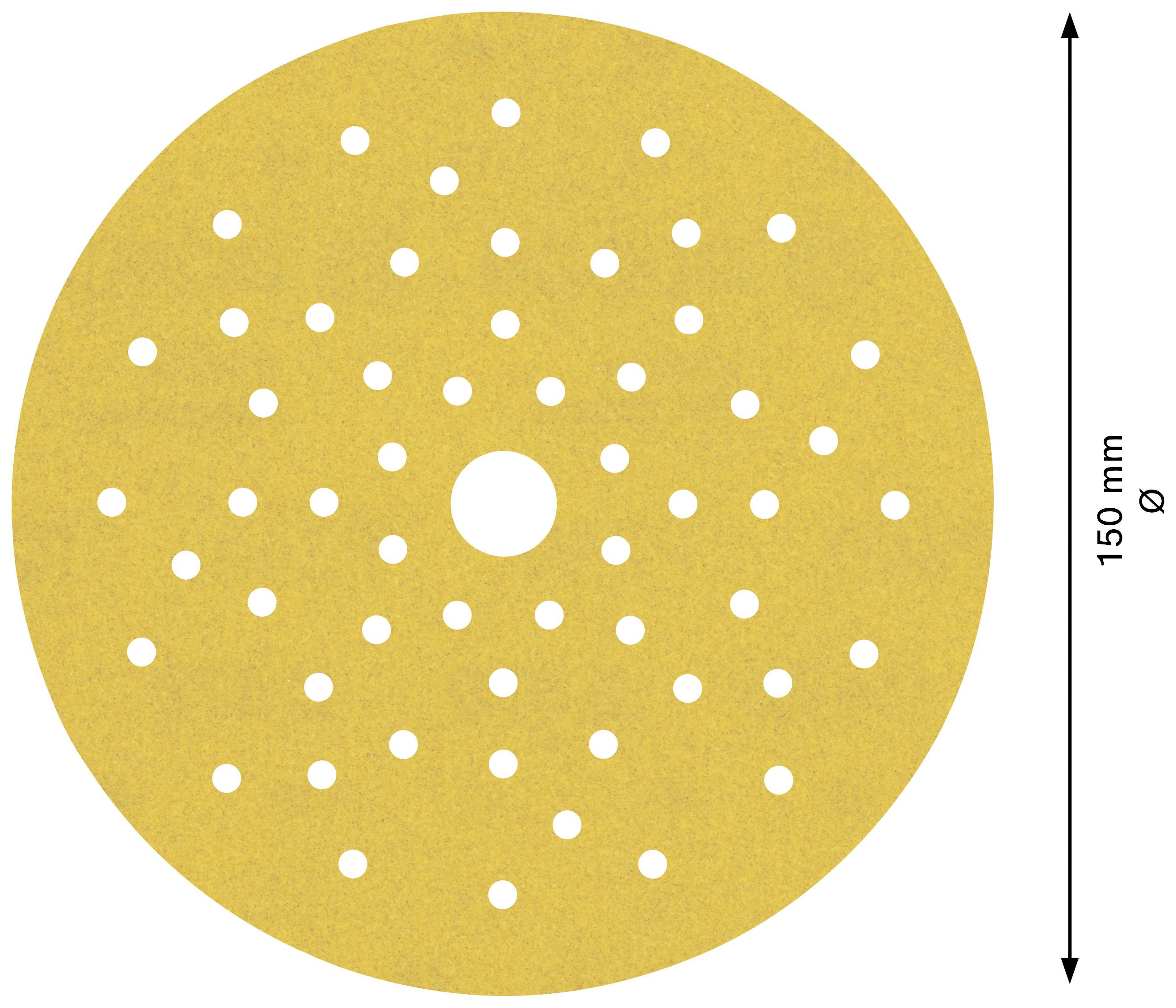 Round sanding paper with 150 mm diameter, yellow, with many symmetrically distributed round holes, suitable for sanding machines.