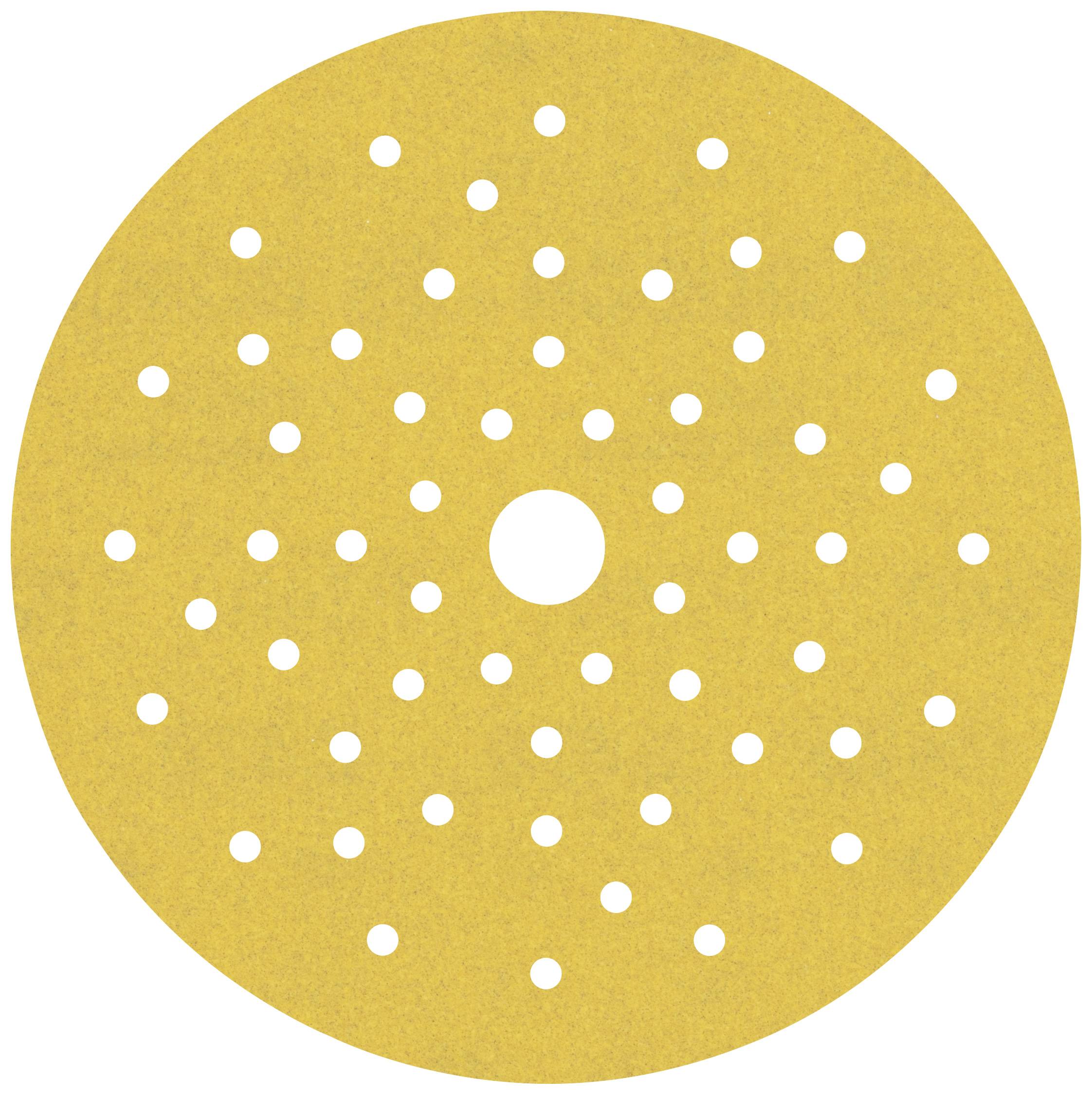 Yellow grinding disc with a central hole and symmetrical perforations for efficient grinding and dust extraction.
