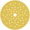 Yellow grinding disc with a central hole and symmetrical perforations for efficient grinding and dust extraction.