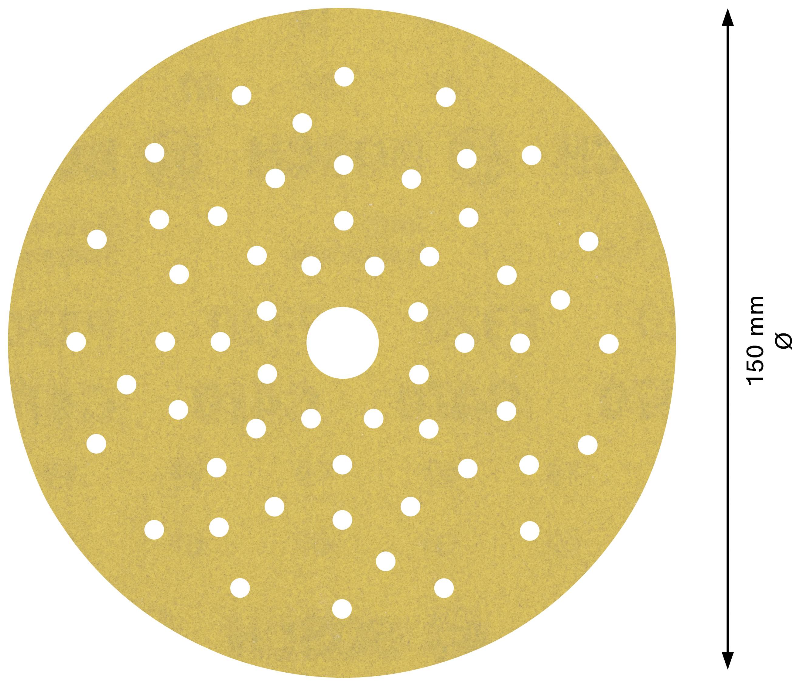 Sandpaper with 150 mm diameter, featuring numerous small holes for dust extraction, typical of electric sander attachments.
