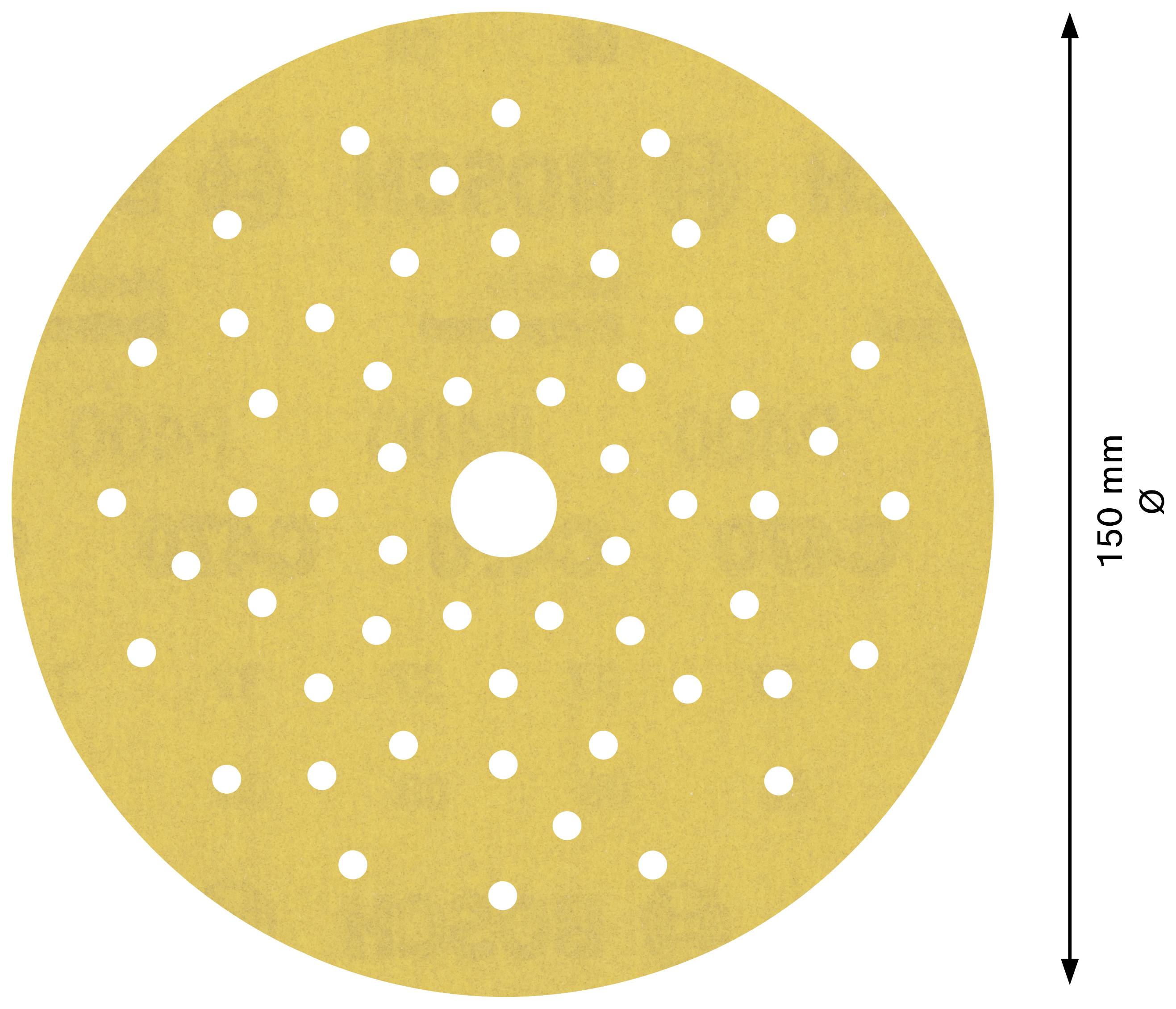 Round grinding disc, diameter 150 mm, with many small holes evenly distributed.