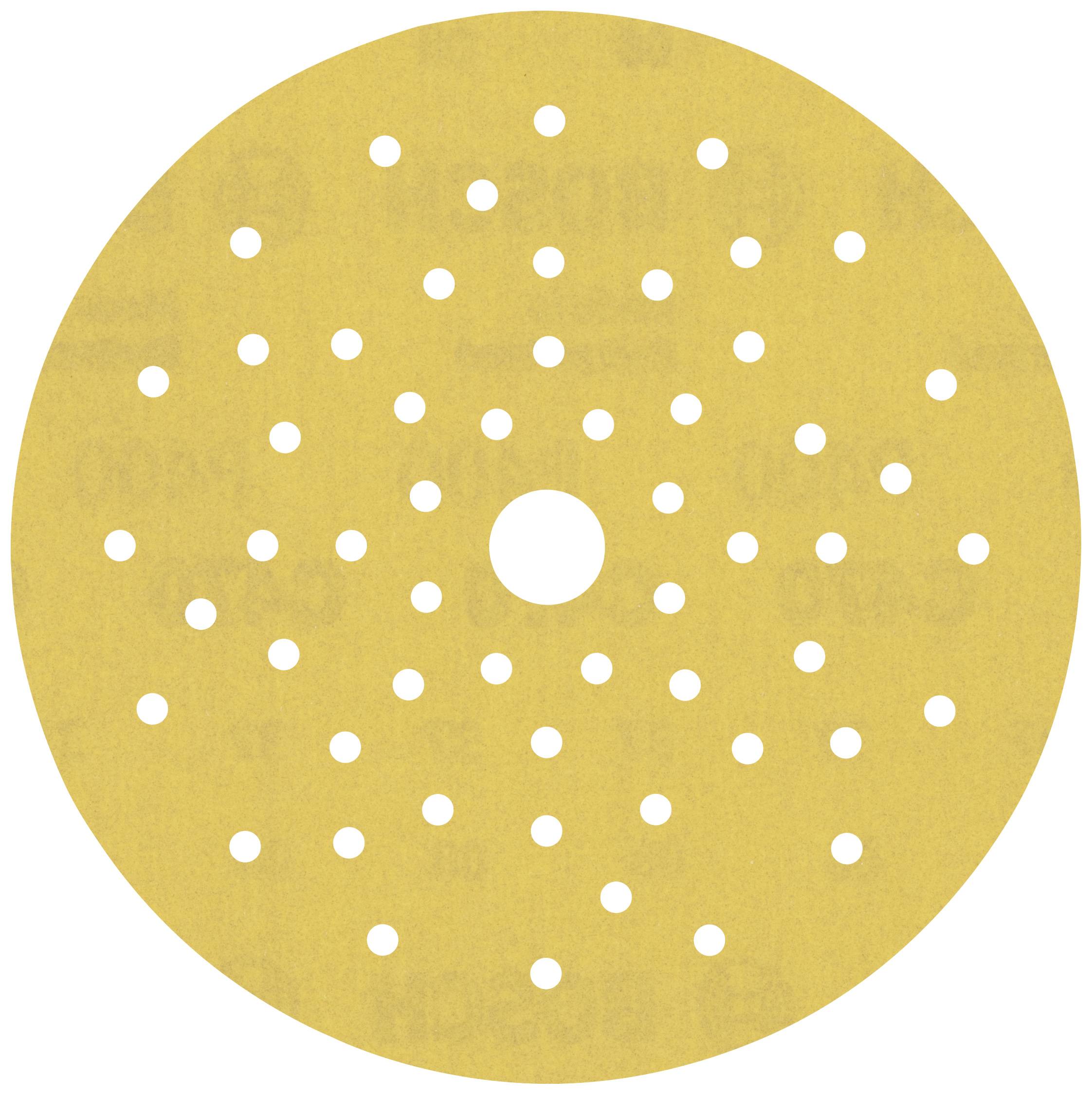 Round yellow abrasive disc with many small holes and a larger central hole. Suitable for grinding equipment.