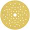 Round yellow abrasive disc with many small holes and a larger central hole. Suitable for grinding equipment.