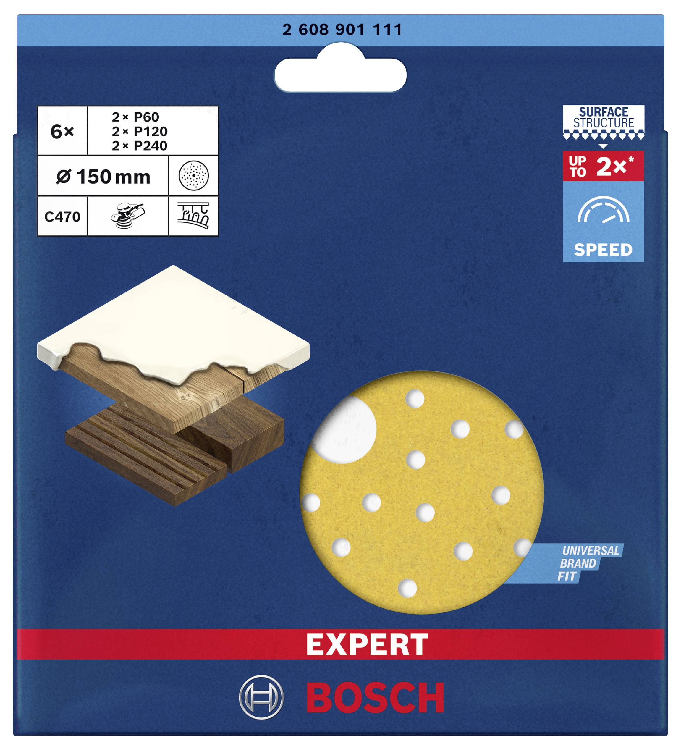 A pack of Bosch sanding paper, 6 sheets: 2x P60, 2x P120, 2x P240, suitable for wood, with 150 mm diameter. Universal brand.