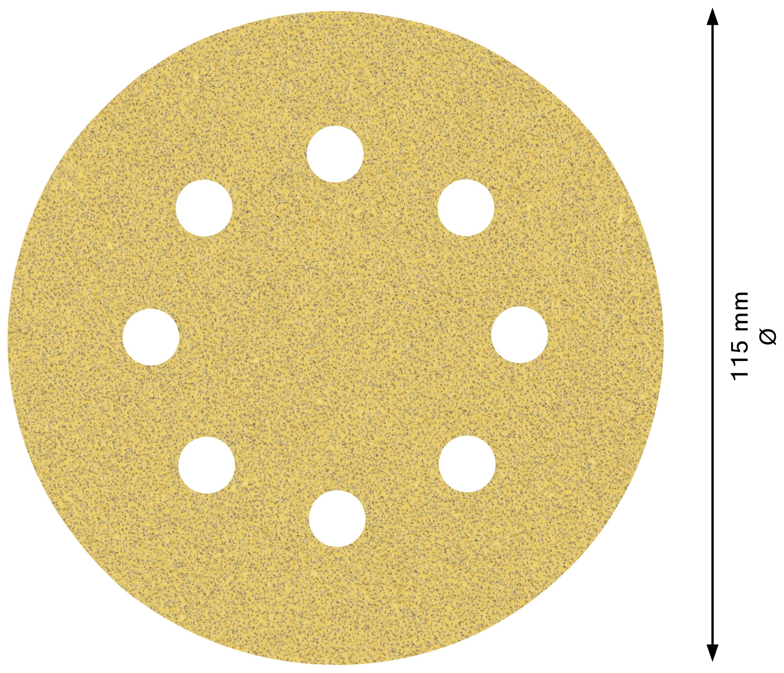 A round sandpaper sheet with a diameter of 115 mm and nine evenly distributed holes.