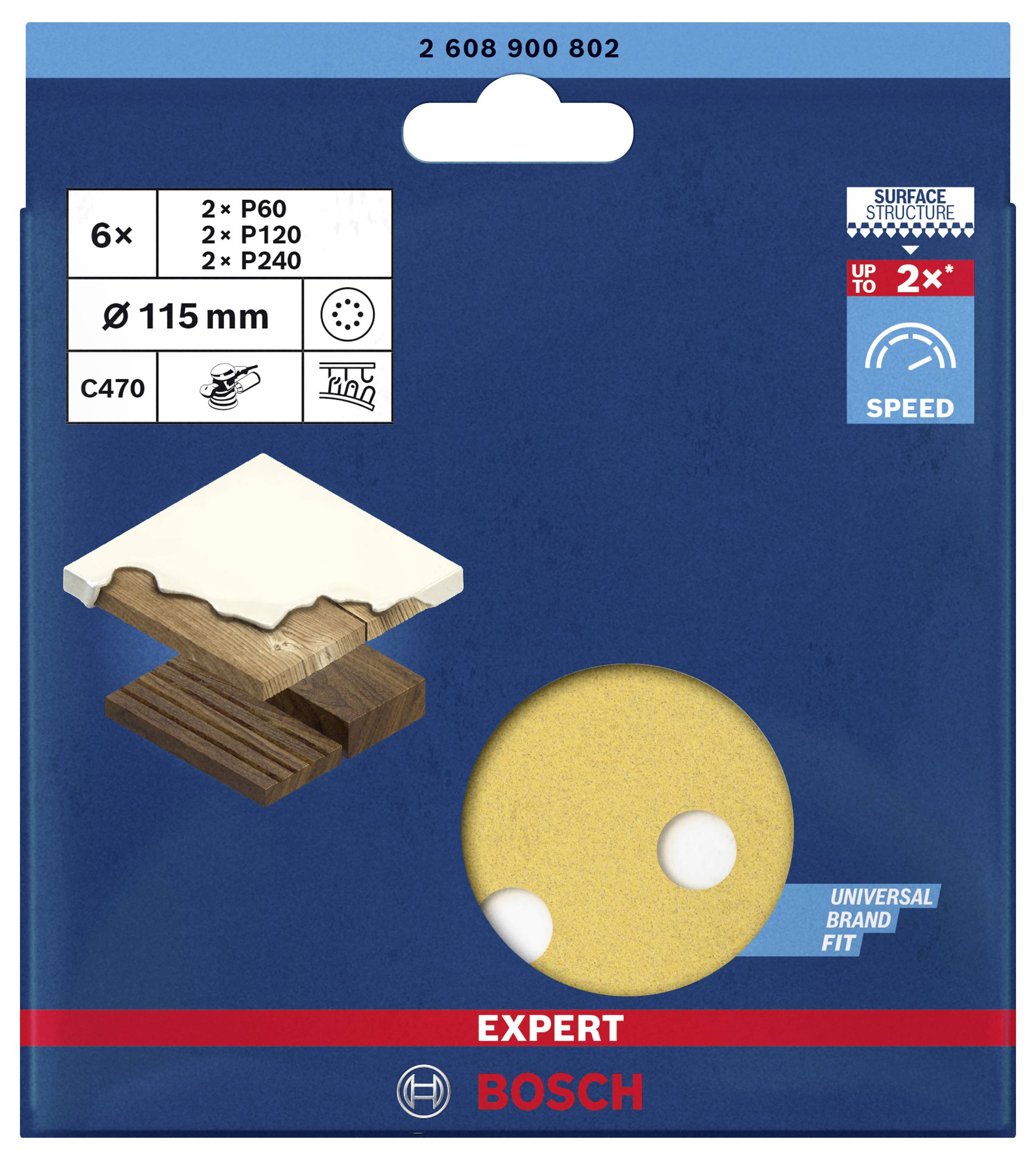 Packaging for Bosch Sandpaper Set of 6 Sheets: 2x P60, 2x P120, 2x P240. Suitable for Wood; Diameter 115 mm.