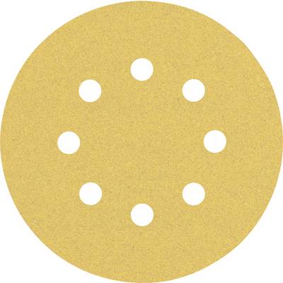 Round, yellow sanding disc with nine holes, used for handheld or electric sanders for surface treatment.