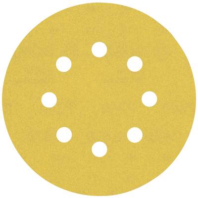A round, yellow sanding disc with eight holes, used for grinding work and surface finishing.
