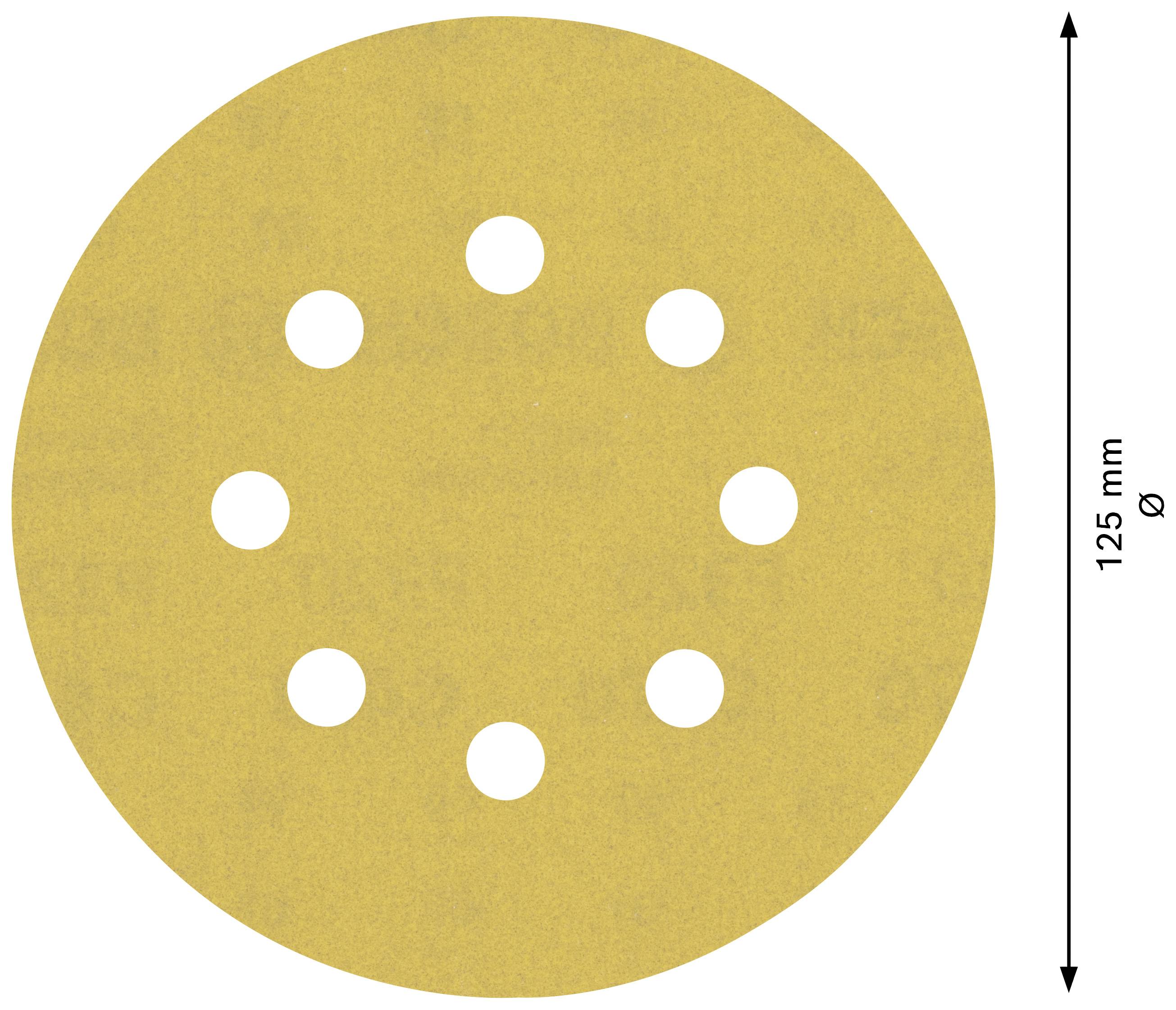 A round, brown sanding disc with ten symmetrically arranged holes, 125 mm in diameter.