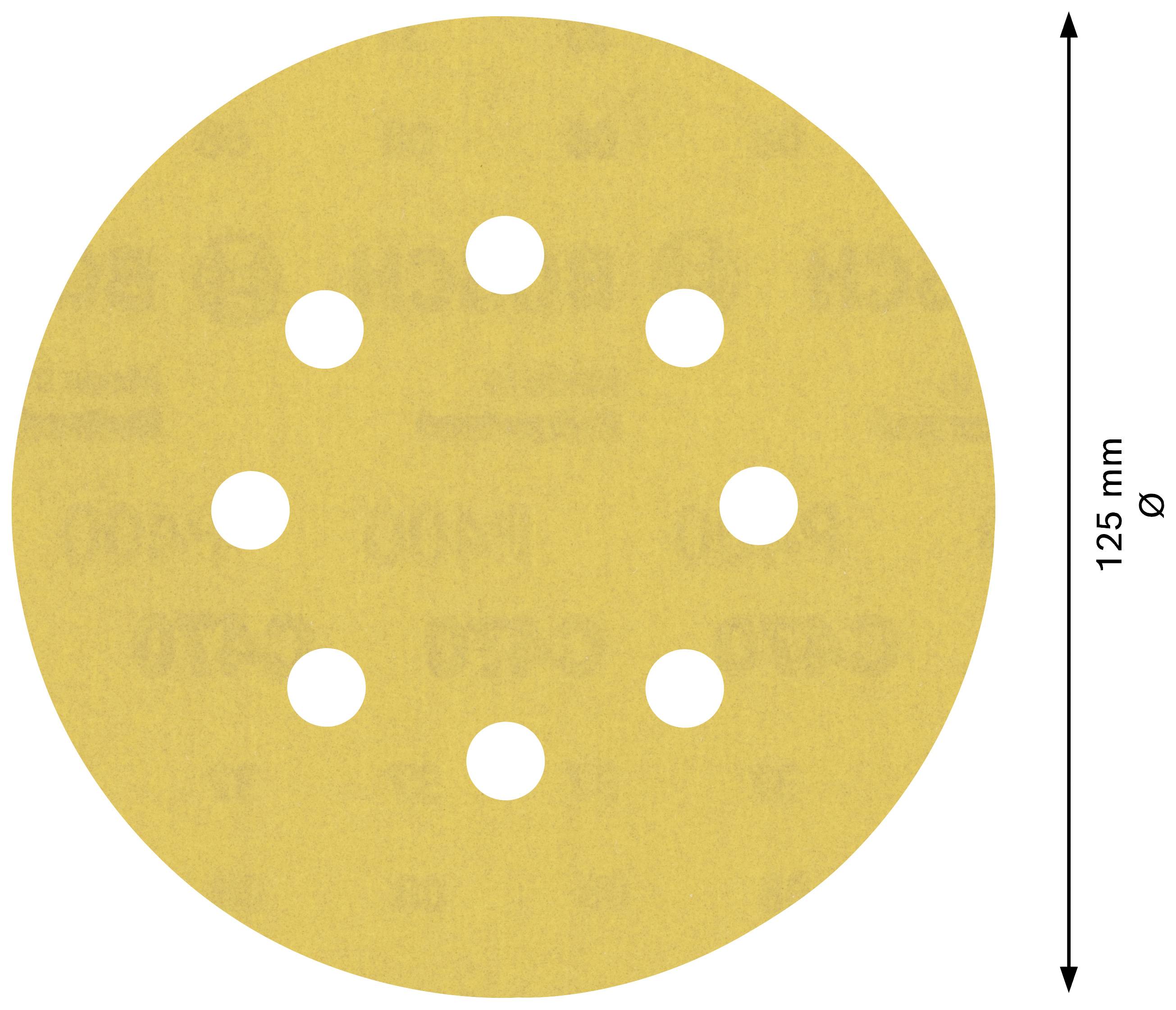 Yellow sanding disc with eight evenly distributed holes and a diameter of 125 mm.