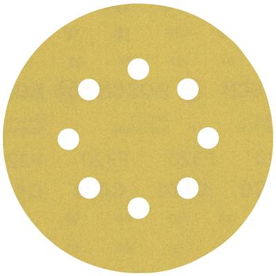 A round, yellow sanding paper disc with eight evenly distributed holes. Used for sanders to smooth surfaces.
