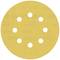 Round, yellow sanding disc with eight symmetrically arranged holes for use with grinding machines.