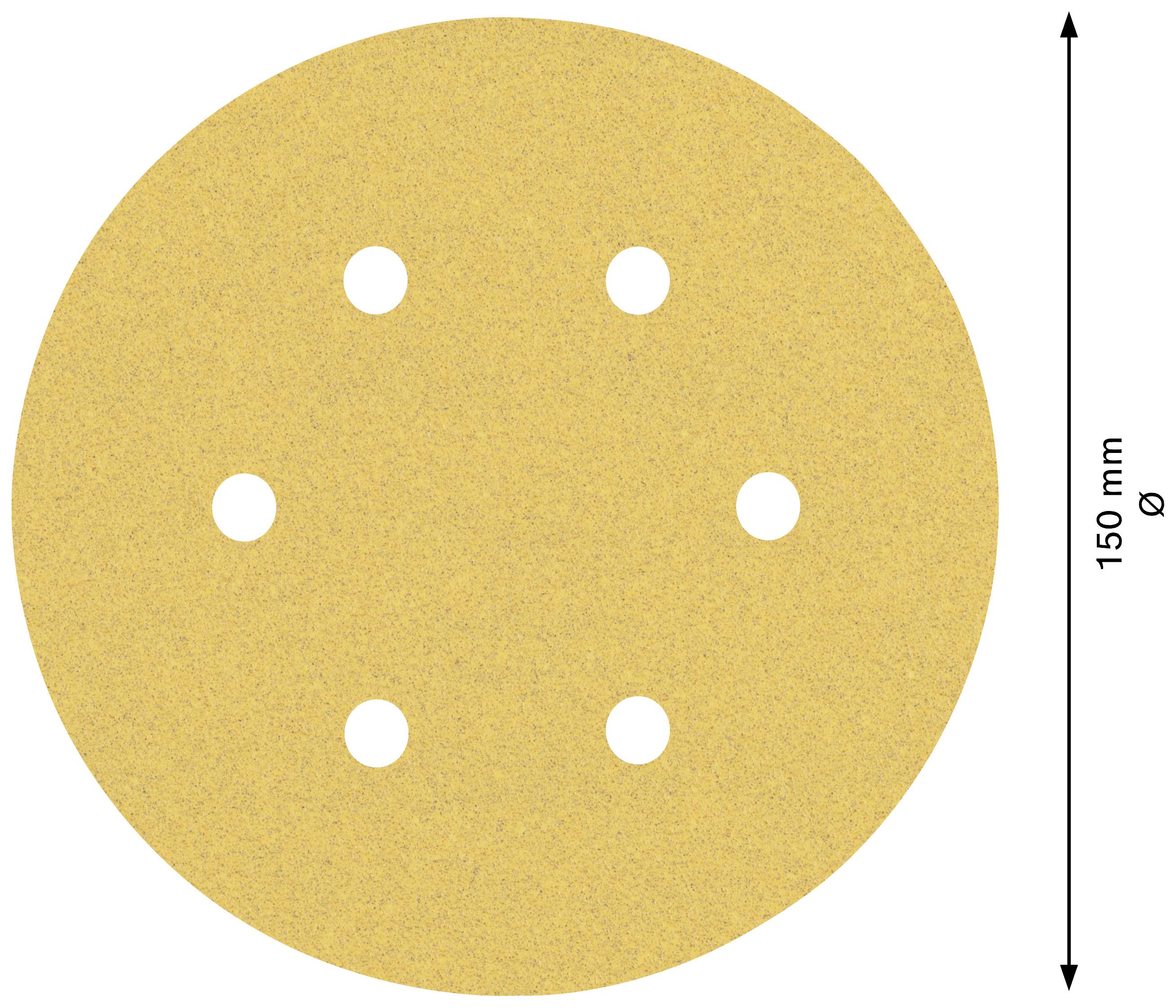 Circular sanding paper with six evenly distributed holes. Diameter: 150 mm.