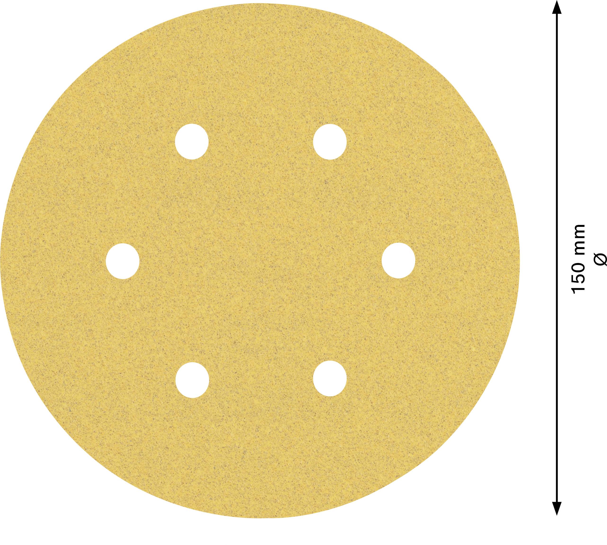 Round grinding disc with six symmetrical holes, 150 mm diameter, gold colour, used for surface grinding.