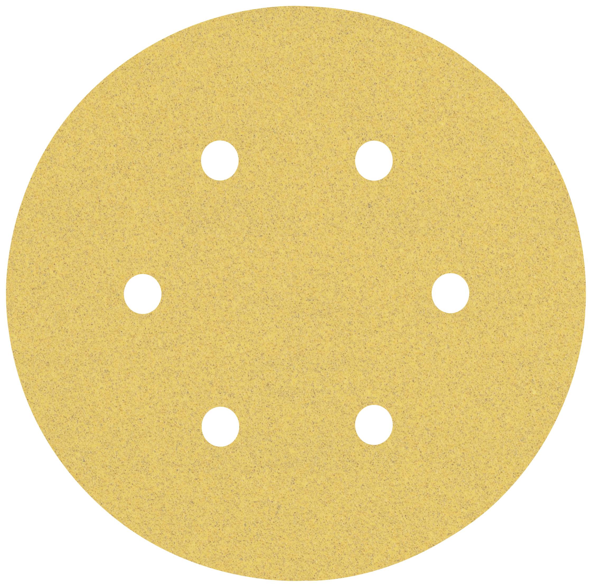 A round, disc-shaped sandpaper with six evenly distributed holes, used for sanding work on surfaces.