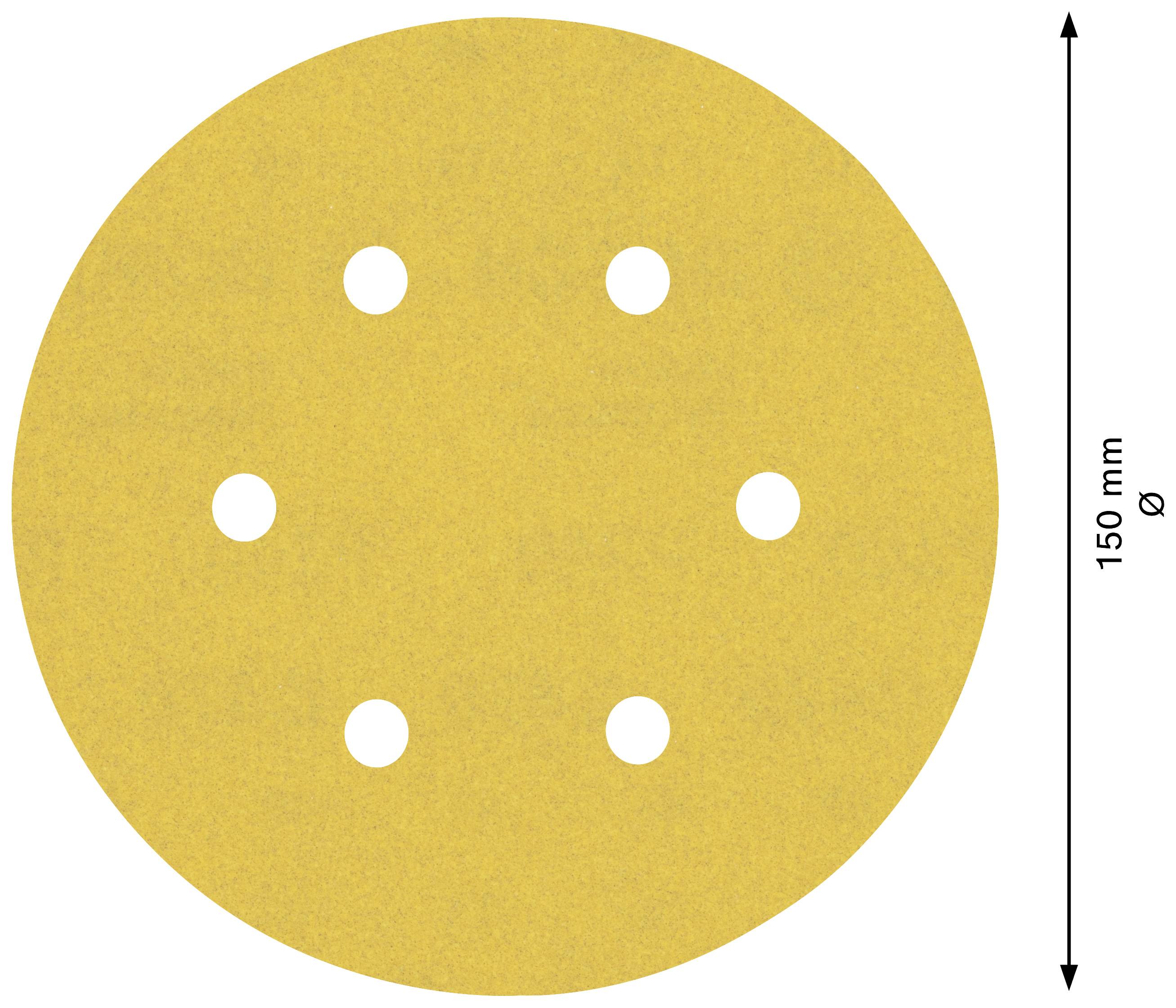 Yellow sanding disc with six holes, diameter 150 mm.
