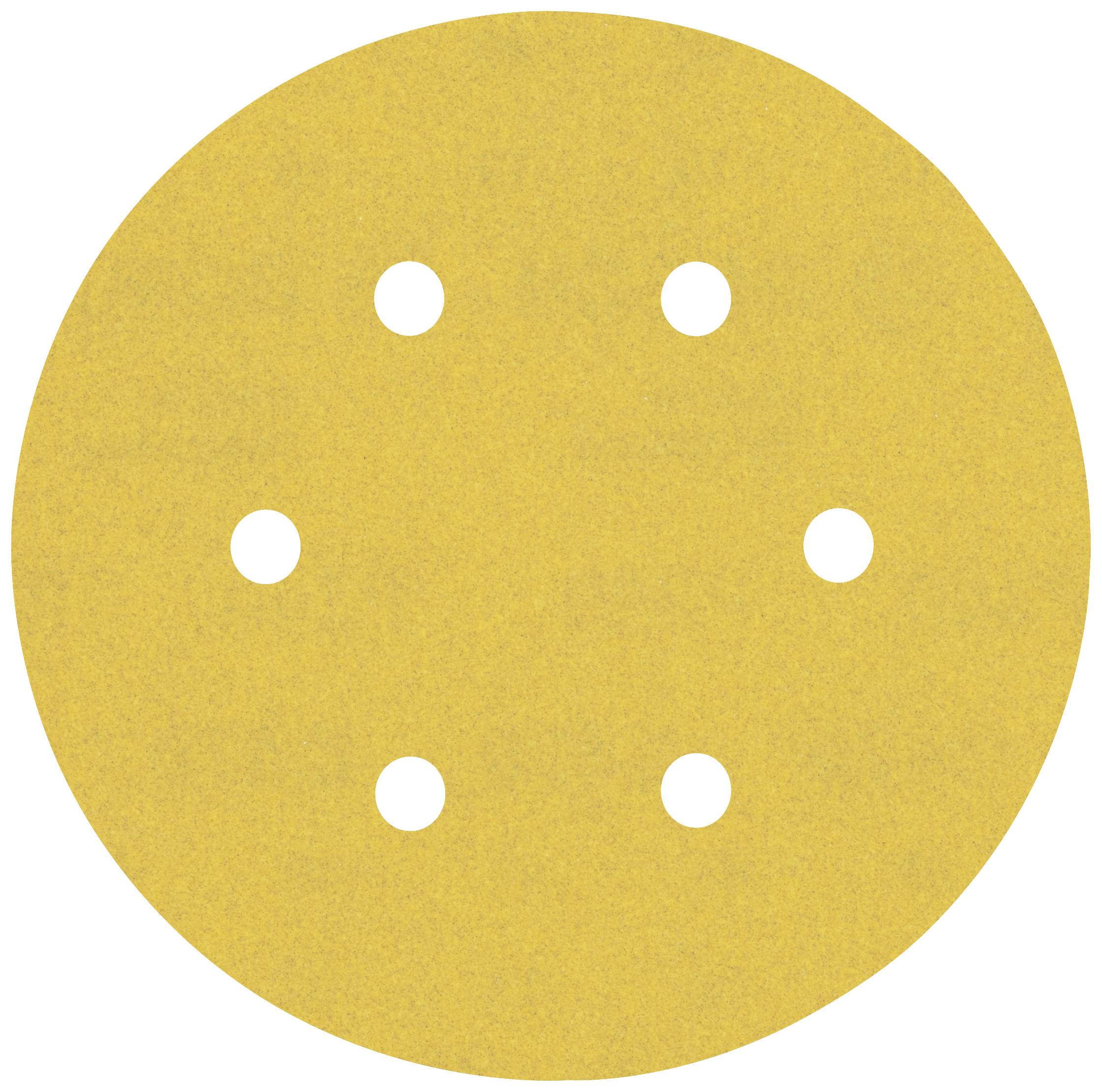 Yellow round sanding disc with six holes evenly distributed. Suitable for grinding machines and smooth surface finishing.